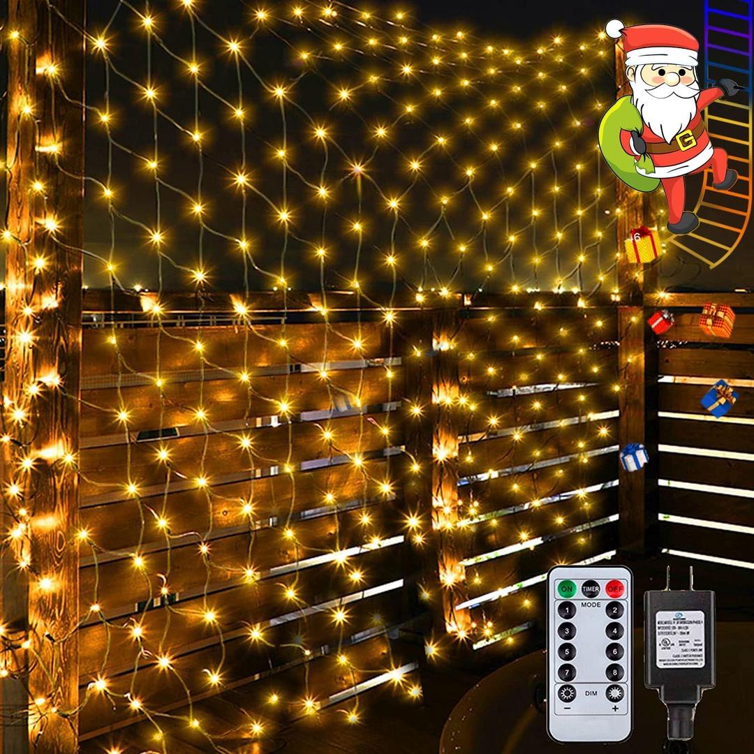 Christmas Net Lights 9.8ft x 6.6ft 200 LED Outdoor Mesh Lights Plug in Christmas Decorations Lights Outside Bushes Lights Connectable for Xmas Wall Curtain Garden Yard, 8 Mode with Remote (Warm White)