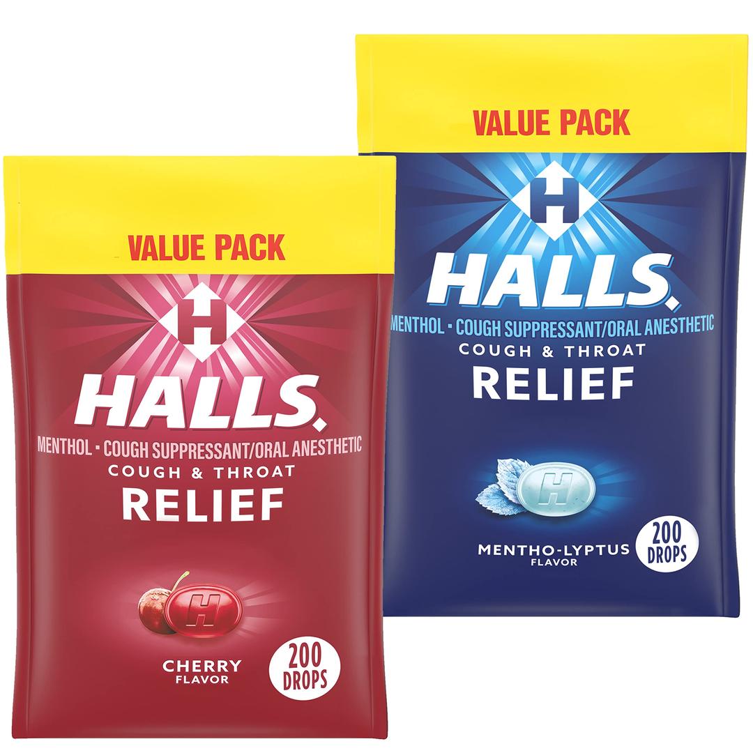 HallsRelief Variety Pack, Cherry and Mentho-Lyptus Cough Drops, 2 Value Packs of 200 Drops (400 Drops Total)