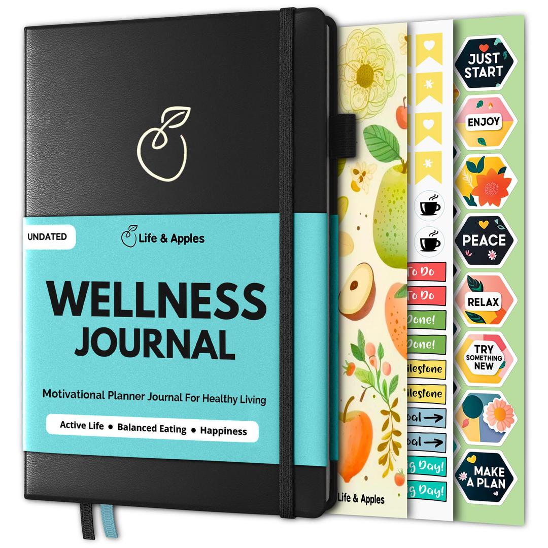 Life & Apples Wellness Journal and Planner – Food Journal, Fitness Journal, Daily Weight Loss Journal for Diet Tracking, Food Log and Health Goals, Undated, Size A5, Black