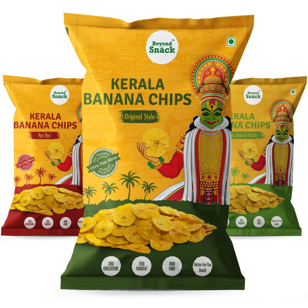 Beyond Snack Kerala Banana Chips Thin Cruchy Crispy Snacks Combo pack (Original salted, Peri Peri, Sour cream Onion & Parsley) 300g (100g*3) - Family Pack