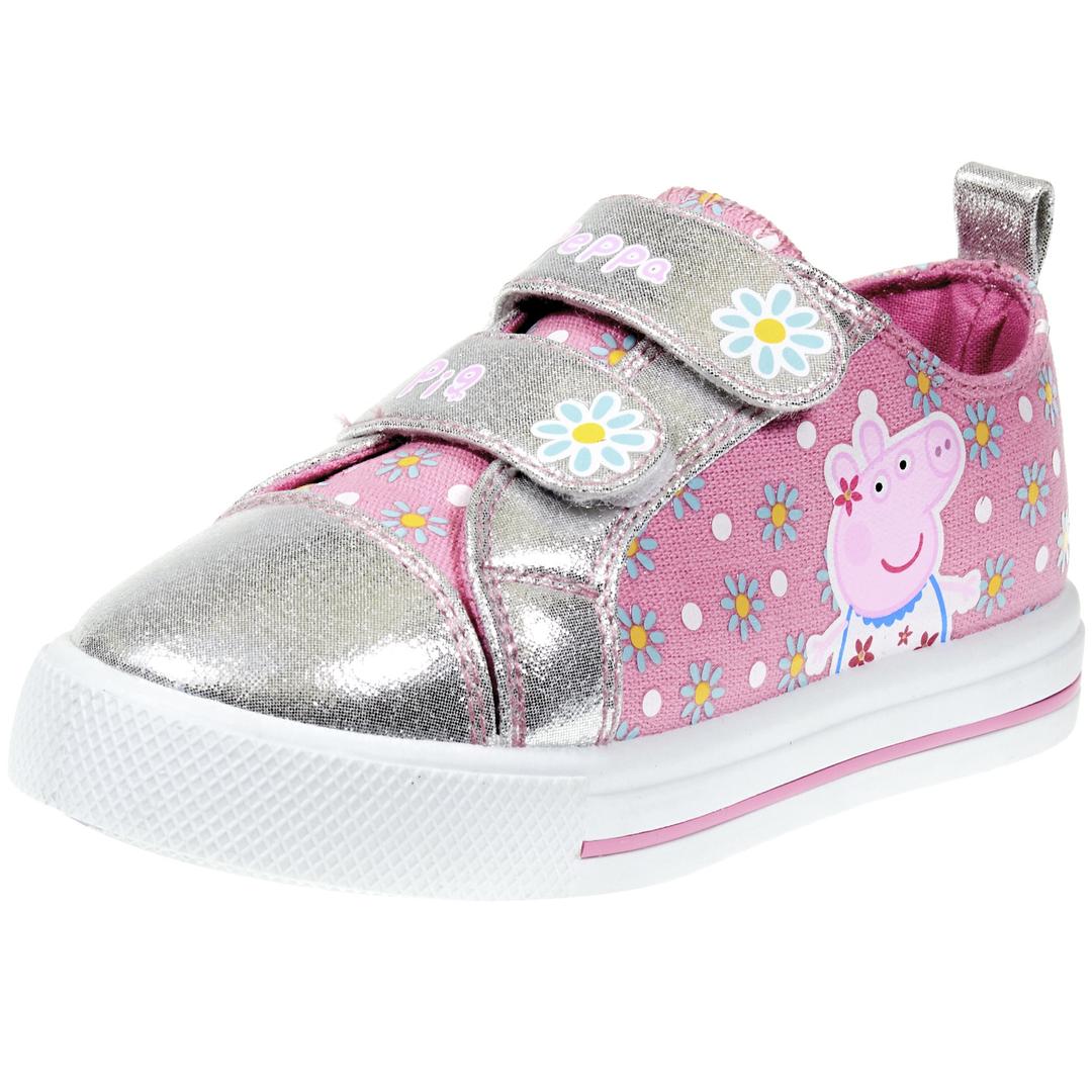 Peppa Pig Kids Toddler Girls Silver and Pink Floral Canvas Sneaker with Hook and Loop Straps, Size 8