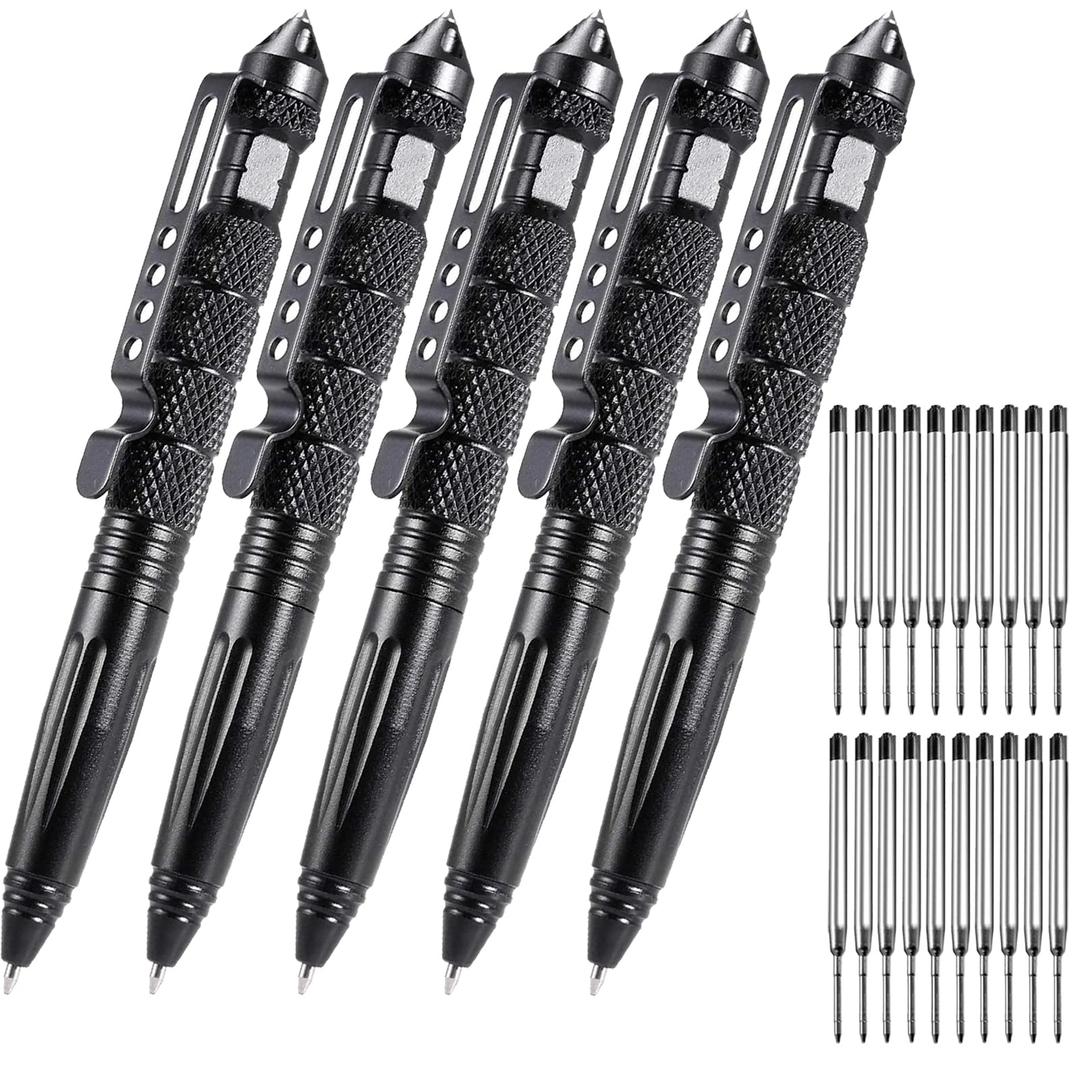 OIJ 5 Pack Military Tactical Pen Set, Professional Self Defense Pen, Emergency Glass Breaker Pen, Tungsten Steel Writing Tool With 20 Ballpoint Refills