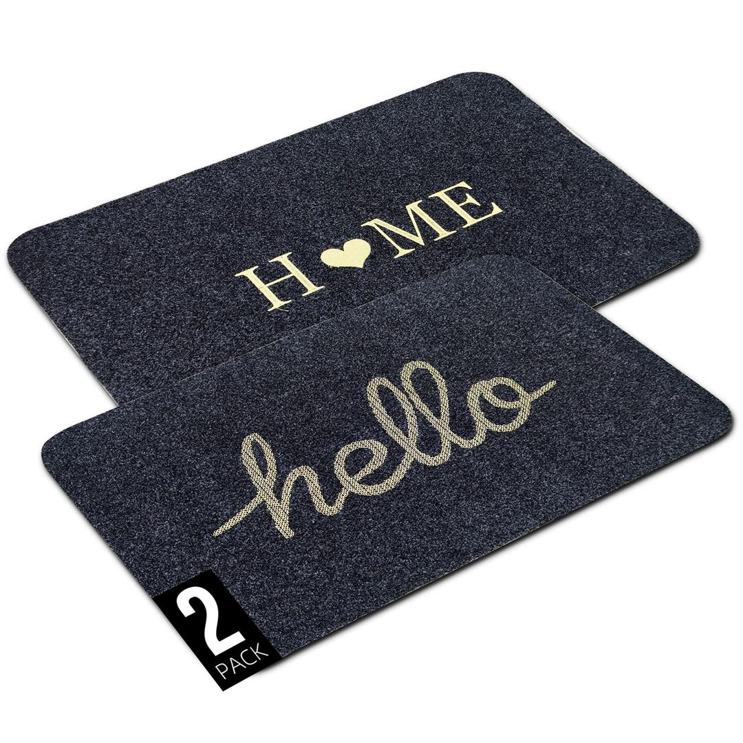 SVNONVE DoorMat-2 Pc Set,Outdoor&Indoor Mat (45X70CM), Multiple-use Waterproof Anti-Slip Durable Rubber Front Door Mat for Entryway, Patio, High Traffic Areas Black Grey([Hello]+[Home])