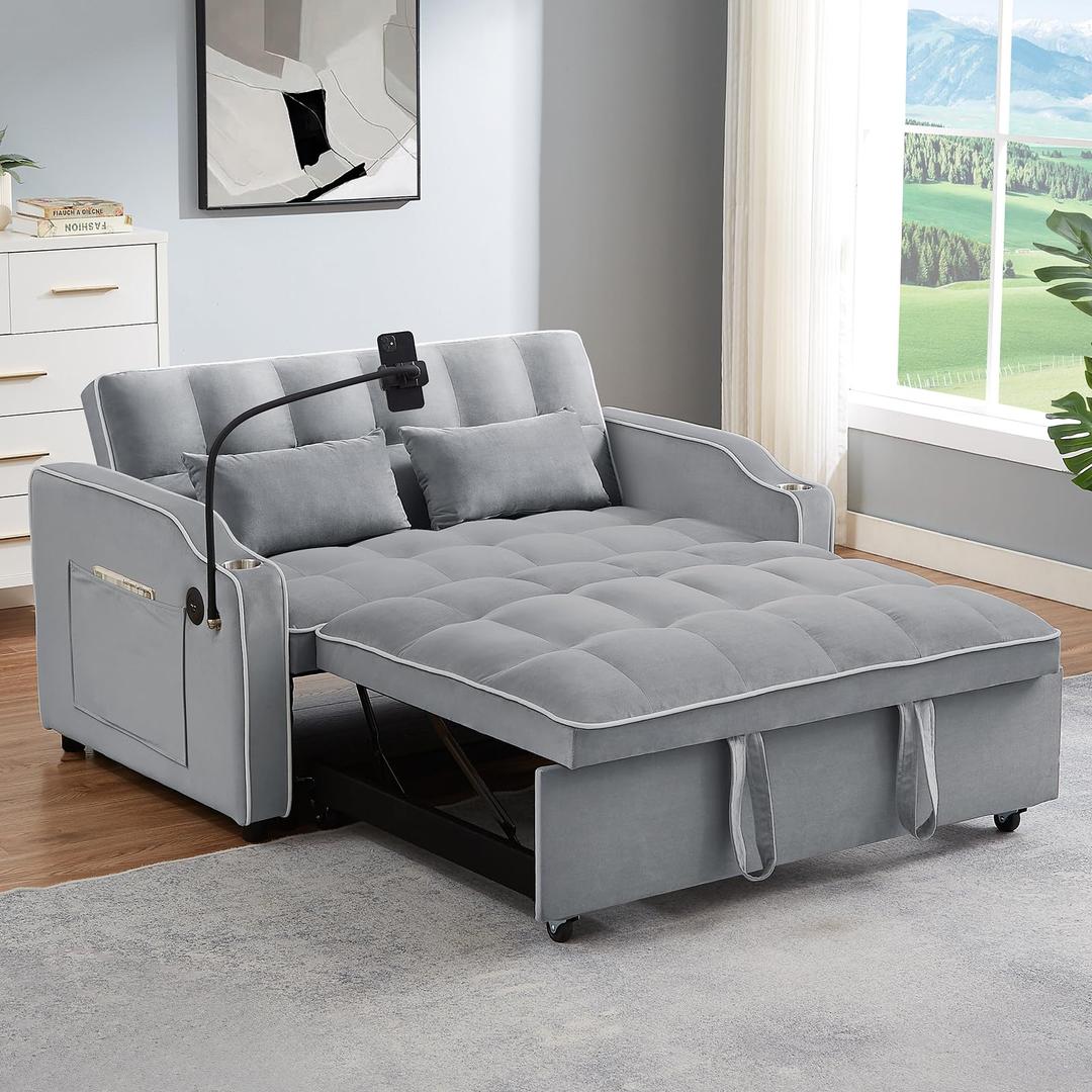 3 in 1 Sleeper Sofa Couch Bed Velvet Convertible Chair, Grey