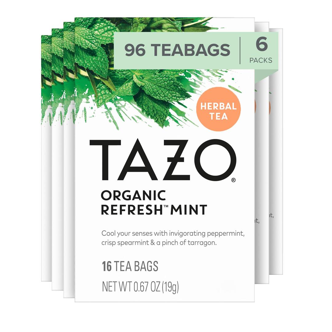 TAZORefresh Mint Herbal Tea Bags, Caffeine-Free, 96 Total Tea Bags (16ct - Pack of 6)