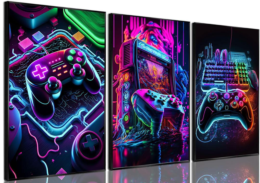 3pcs Game Room Decor Neon Gaming Posters Wall Art Gamer Accessories Theme Canvas Print Game Console Painting Picture for Children Youth Game Boys Bedroom Teen Wall Decor Unframed 12"x16"x3