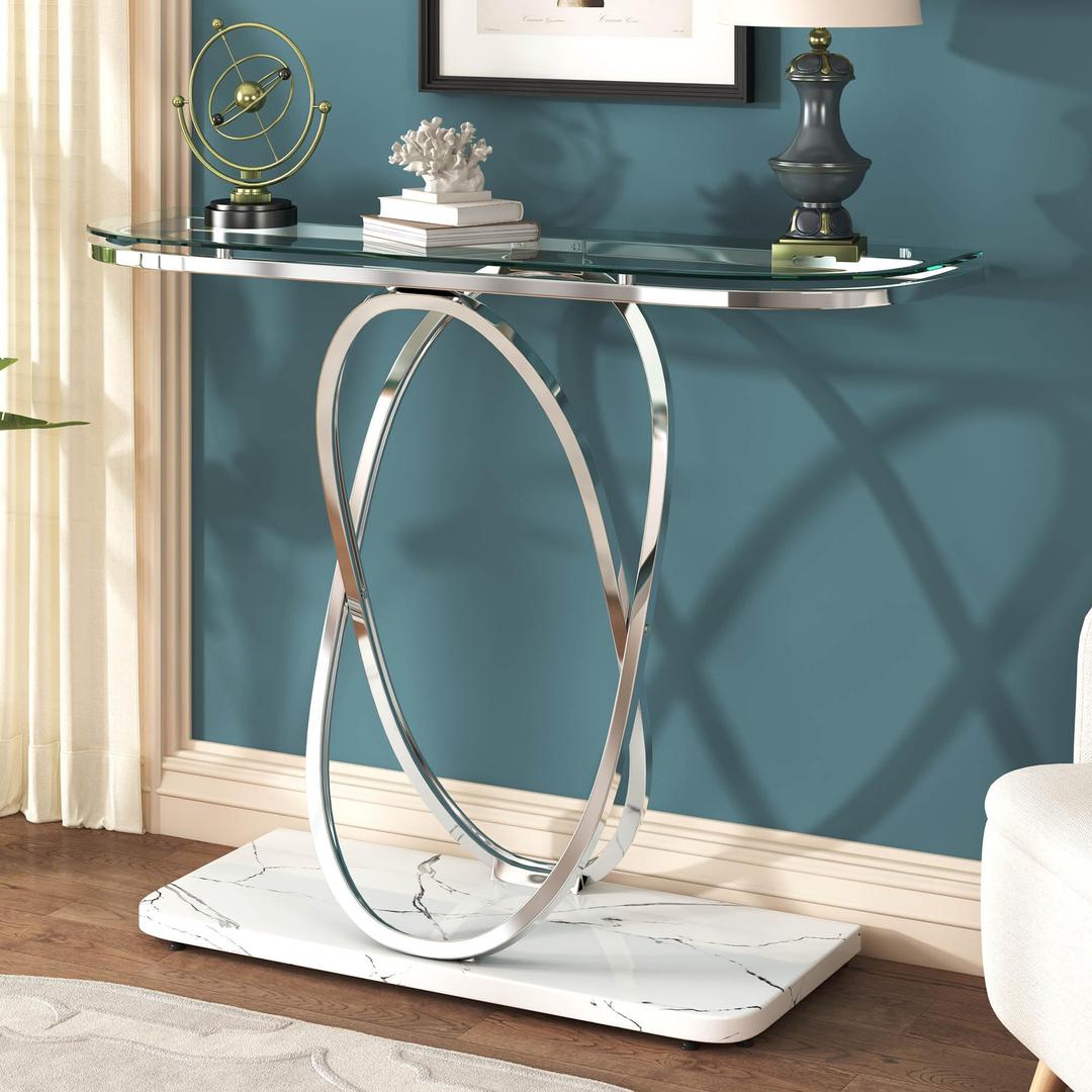 O&K FURNITURE Glass Console Tables for Entryway,Silver Entryway Table with Oval Frames and Marble Base,Chrome Entrance Table Glass Sofa Table for Living Room,Hallway,Silver Glass&White Faux Marble