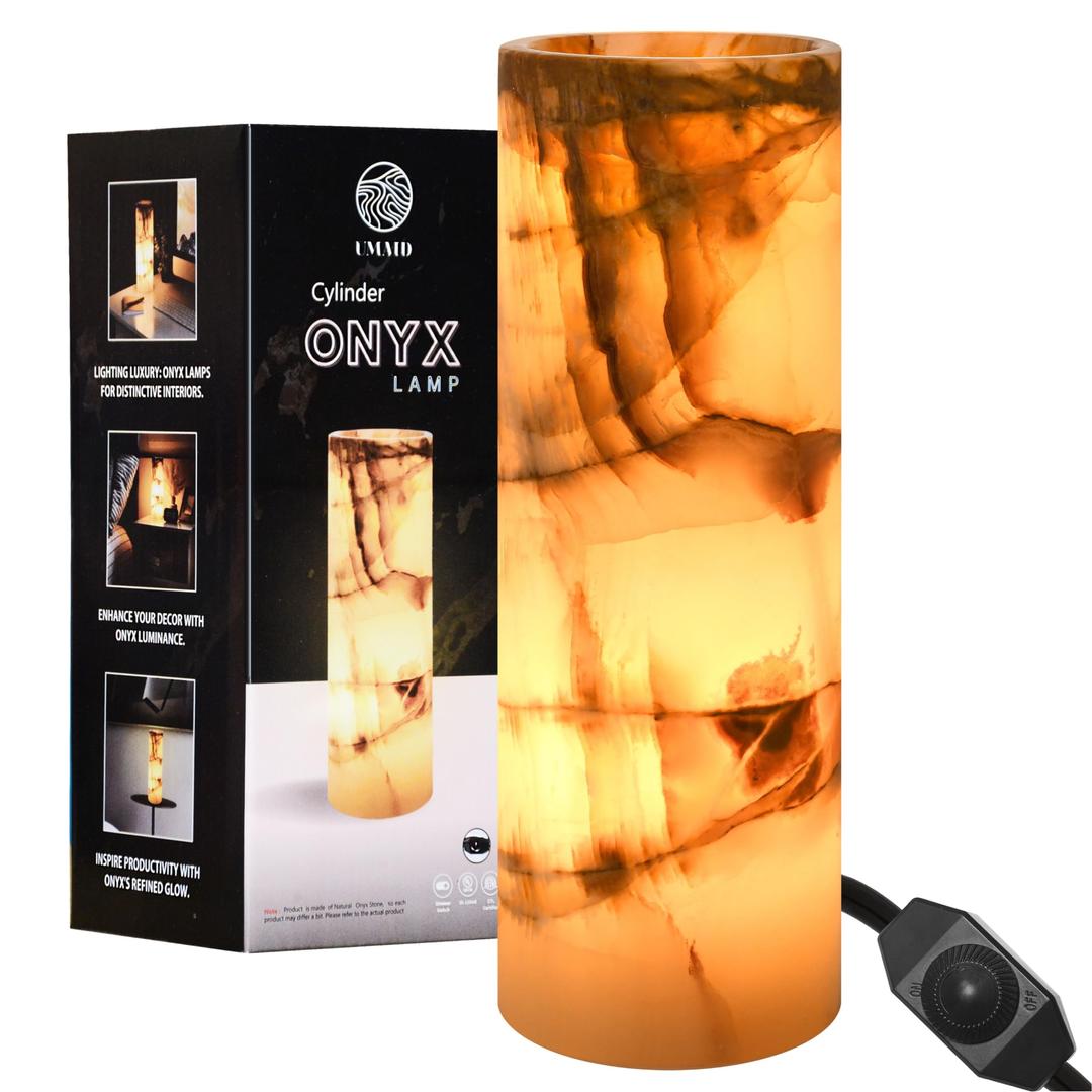 UMAID Elegant Handcrafted Onyx Marble Table Lamp, Warm Amber Glow, Relaxing Table Lamp for Office, Bedroom, Living Room, and Bedside, Includes Bulb & Dimmable Cord, Unique Home Decor Gifts (Cylinder)