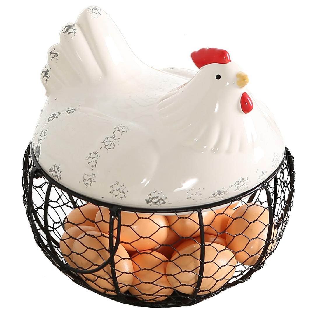 MyGift Rustic Farmhouse Large Capacity Fresh Egg Gathering Container, Black Metal Mesh Wire Storage Basket with Handles and White Ceramic Chicken Shaped Top Lid - Holds up to 30 Eggs