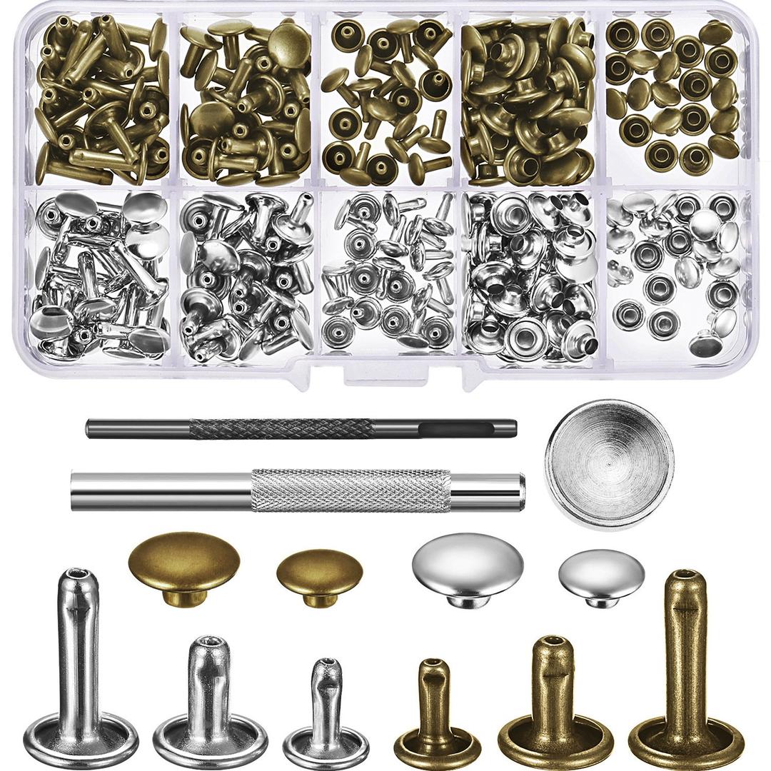 120 Set Leather Rivets Double Cap Rivet Buttons with Setting Tool Kit and Storage Box for DIY Leather Craft, 3 Sizes (Silver and Bronze)