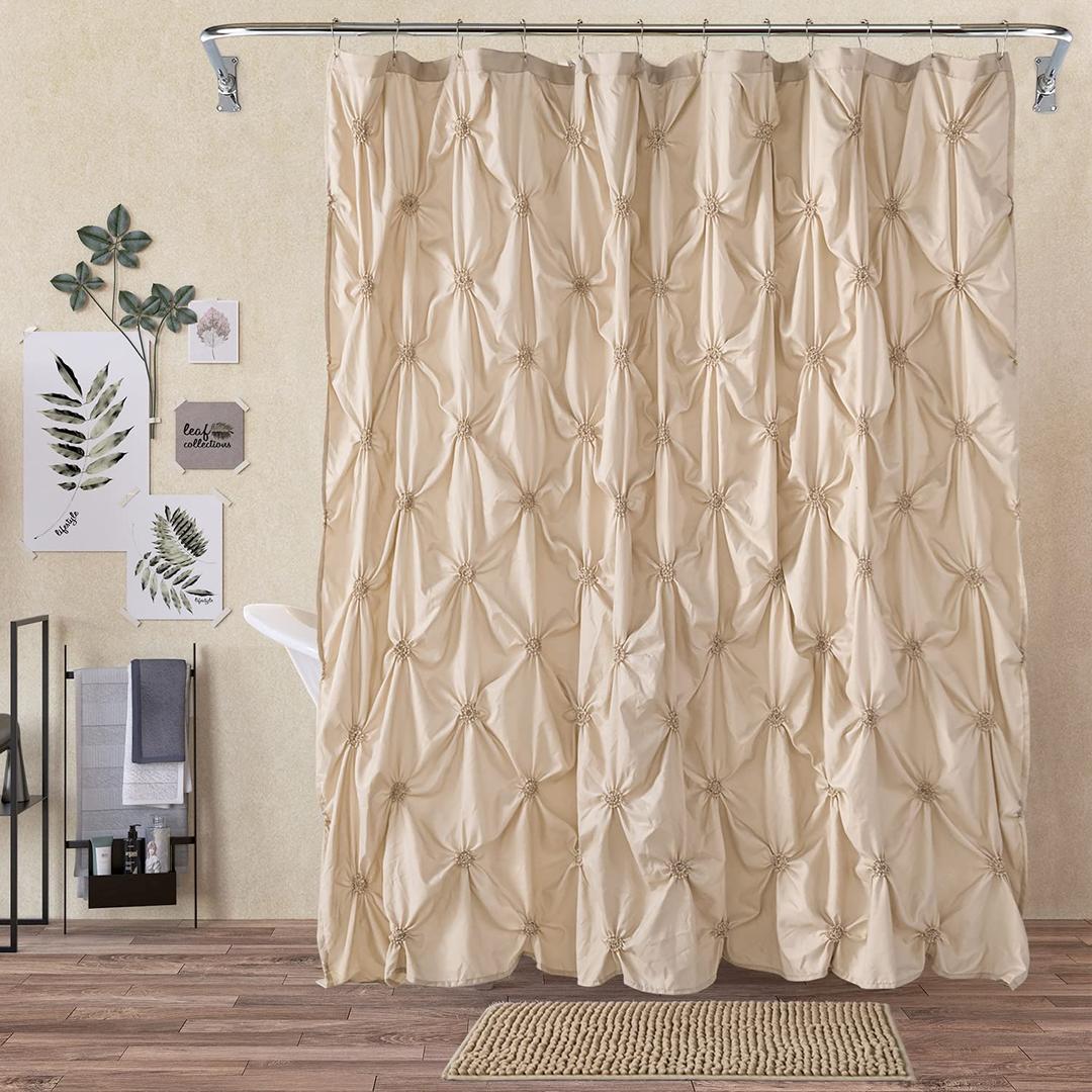 JSLOVE 2 Pcs Shower Curtain Sets with Rugs - Pinched Pleat Farmhouse Shower Curtain Elegant Decor Set with 12 Shower Curtain Hooks for Bathroom Beige Standard 72" X 72"