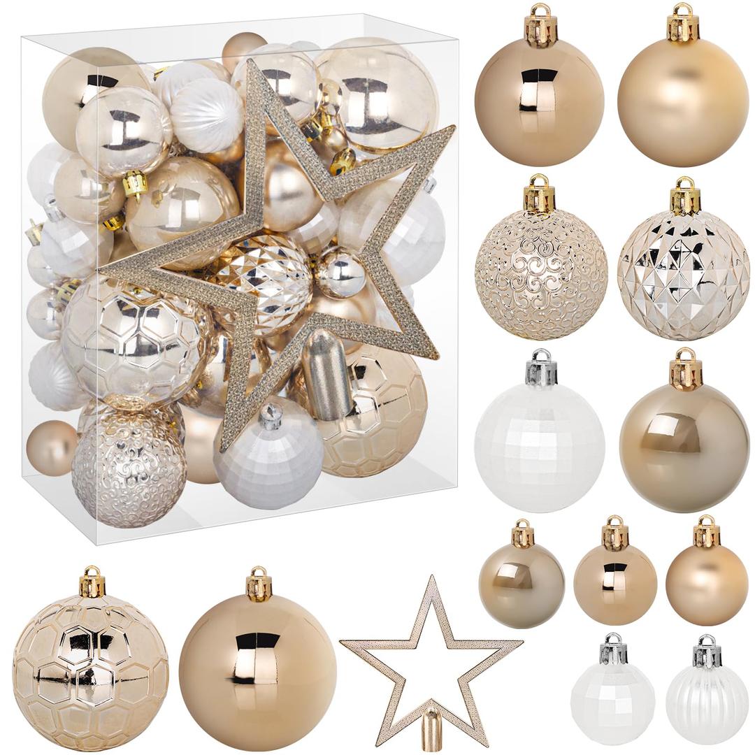 FestiveBliss Christmas Ornaments 50 Pcs, Christmas Balls, Christmas Ball Ornaments Set with Hanging Strings, Shatterproof Christmas Decorations Ornaments for Xmas Tree (Deep Champagne)