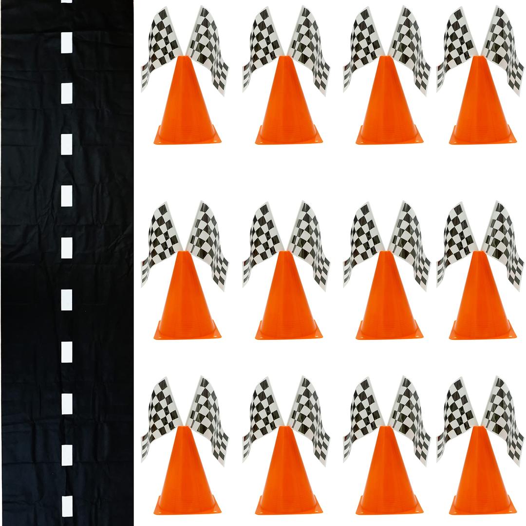 38 Pcs Set - 12 Traffic Cones With Hole on Top, 24 Checkered Flags, Racetrack Floor Runner - for For Race Car Birthday Party Supplies, Table Centerpiece Decorations Kids Gift by 4E's Novelty