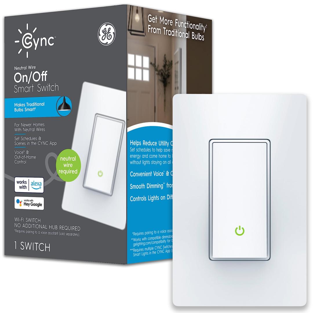 GE CYNC Smart Light Switch, Paddle Style, Neutral Wire Required, Bluetooth and 2.4 GHz Wi-Fi 4-Wire Switch, Works with Alexa and Google (1 Pack)