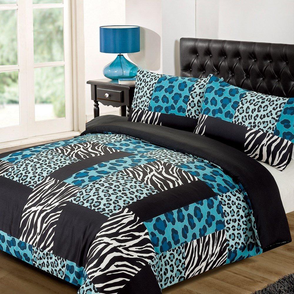 Dreamscene Luxurious Reversible with Leopard and Zebra Print Duvet Set, Polyester, Black/Teal, Single