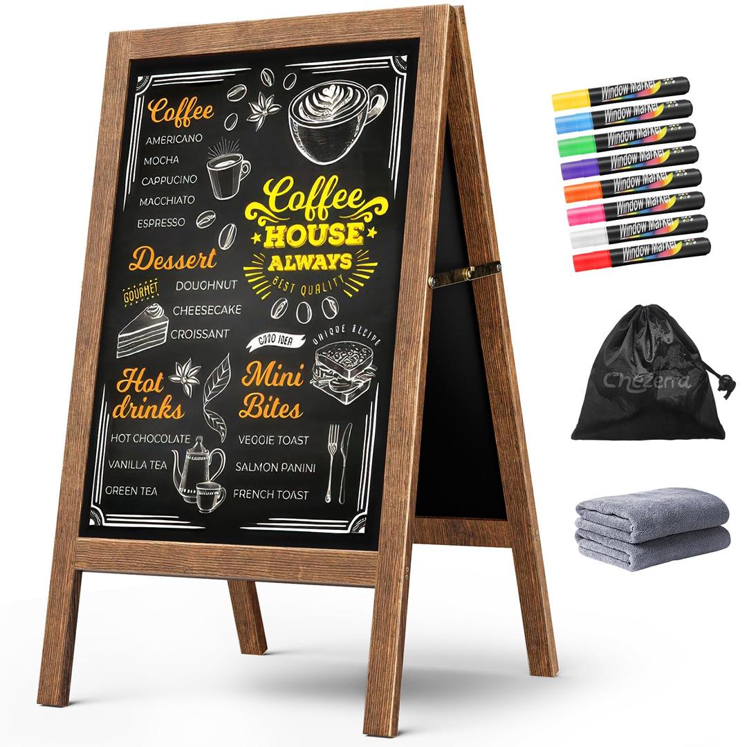 A Frame Chalkboard Sign, 40"x20" Extra Large Sidewalk Chalk Board, Wooden Standing ChalkBoards Set with Markers, Double-Sided Magnetic Blackboard for Cafés, Weddings, Party Guide, Brown