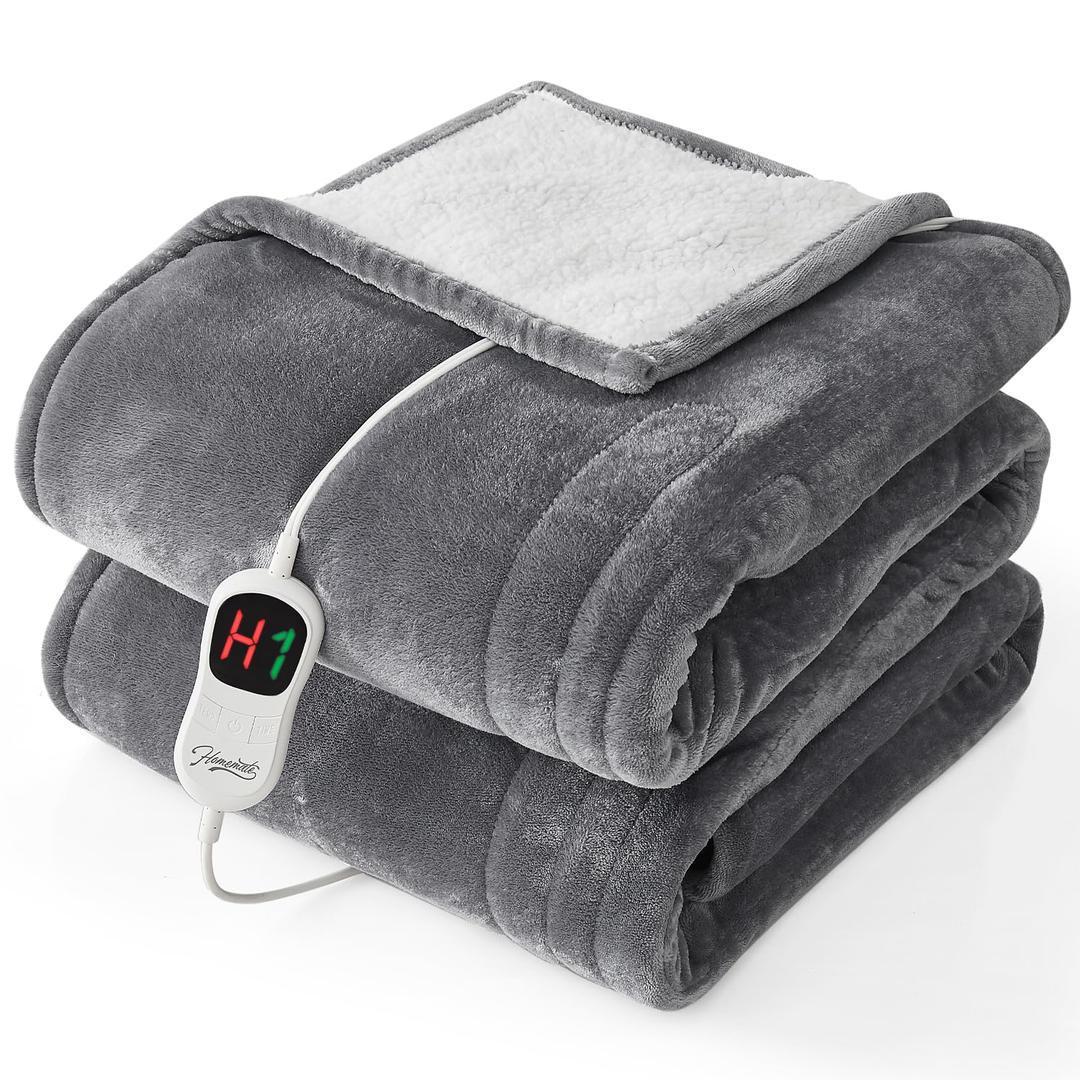 Homemate Electric Heated Blanket Twin - 62"x84" Heating Bed Blankets Throw with 10 Heating Levels 8 Hours Auto Off Fast Heating Over-Heated Protection Ultra Soft Warm Flannel ETL Certified Grey