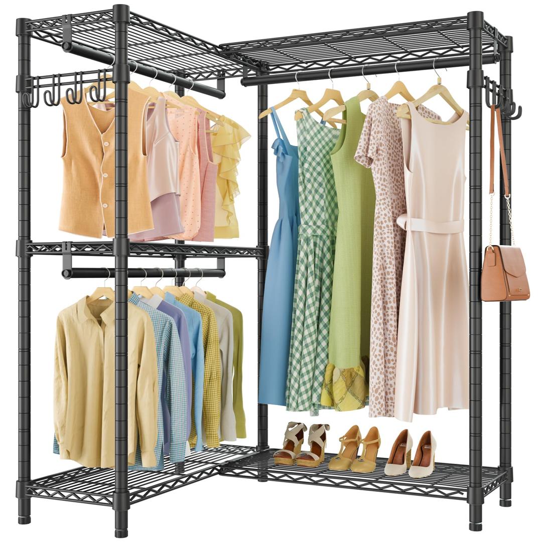 VIPEK L4 Garment Rack L Shaped Clothes Rack for Corner, Freestanding Portable Wardrobe Closet Heavy Duty Clothing Rack with 3 Hanging Rods & 2 Side Hooks, 43.3"Lx29.1"Wx76.4"H, Max Load 810LBS, Black