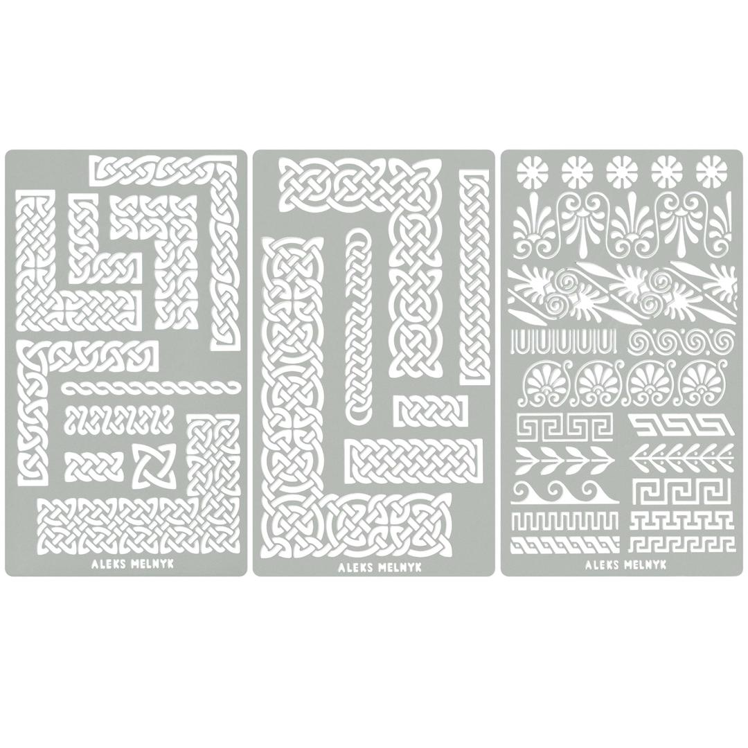 Aleks Melnyk No.36 Small Border Stencils for Bullet Journaling, Greek Key Stencils, Celtic Knot, Ornate Viking Stencils, Steel Journal Stencils, Metal Stencils for Engraving, Pyrography, Wood Burning