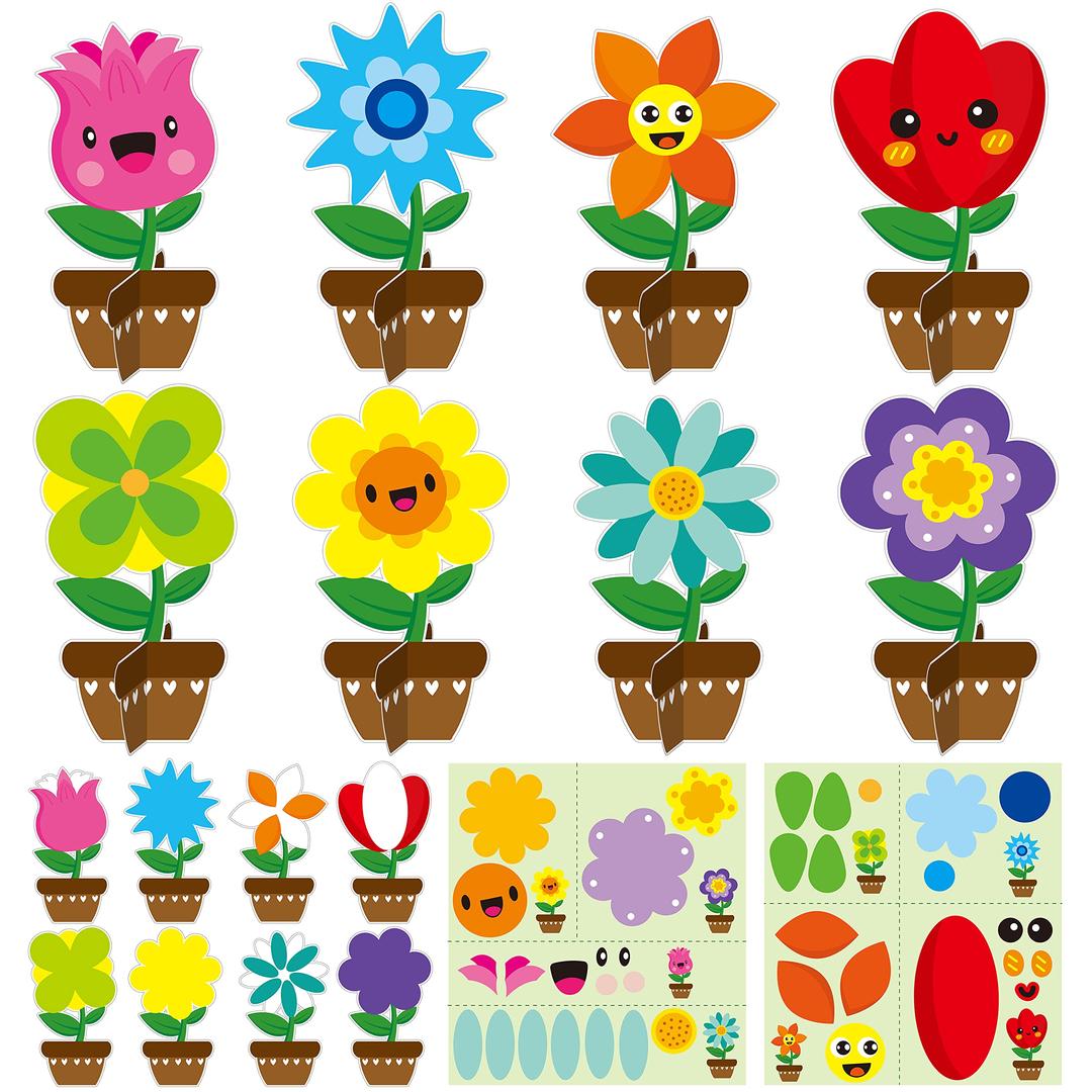 WATINC32 Packs Father’s Day Flower Craft Kits Make Your Spring DIY Flowers Craft Set Sun Mouth Eyes Stickers Springtime Flowers Decorations for Kids Boy Girl Home School Fun Activities