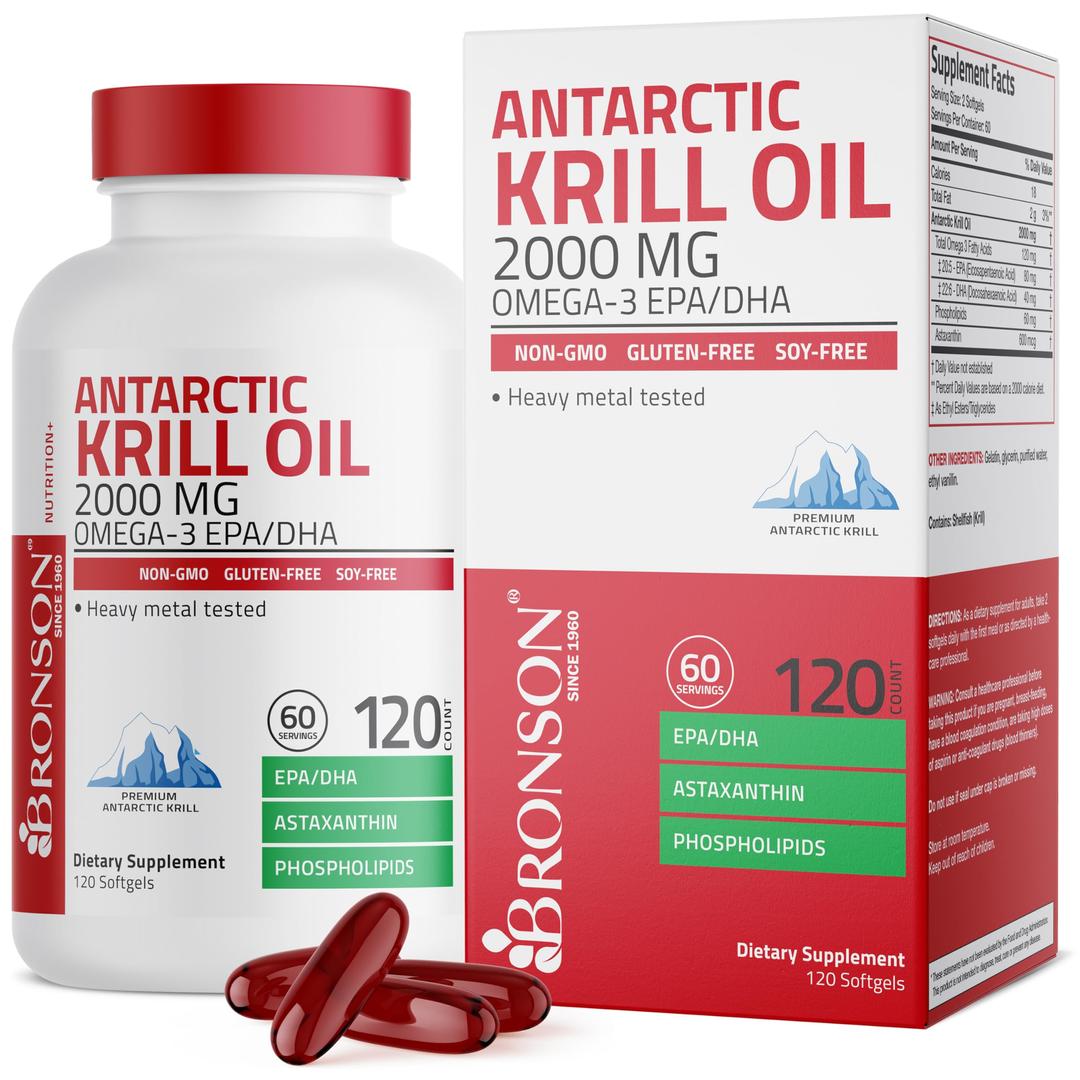 BronsonAntarctic Krill Oil 2000 mg with Omega-3s EPA, DHA, Astaxanthin and Phospholipids 120 Softgels (60 Servings)