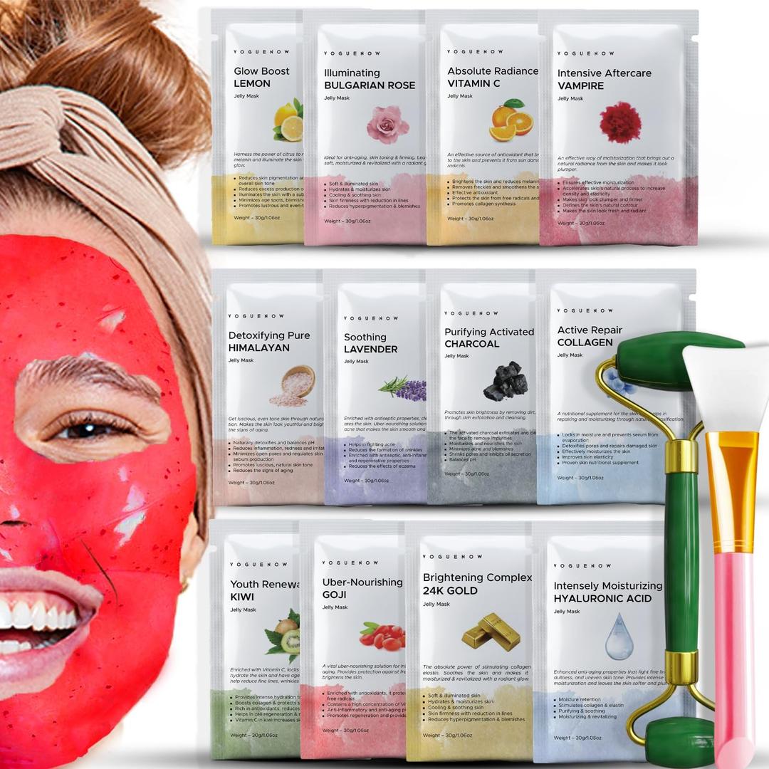 Jelly Mask for Facials - 12 Flavors Hydrating & Brightening Jelly Face Masks | Free Jade Roller & Spatula | Bulgarian Rose, Lavender, Hyaluronic Acid, 24K Gold face mask skin care |Vajacial Jelly Mask