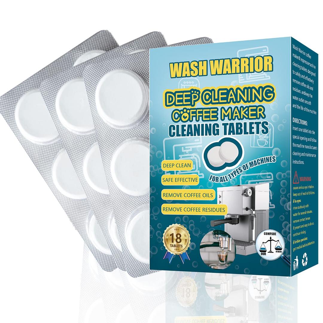 Wash Warrior 18 Tablets(5g/tabs) Espresso Machine Cleaning Tablet Works on Breville and all brands of espresso machines, Coffee Maker&Coffee Pot Cleaner And Descaler, Non-Toxic Biodegradable