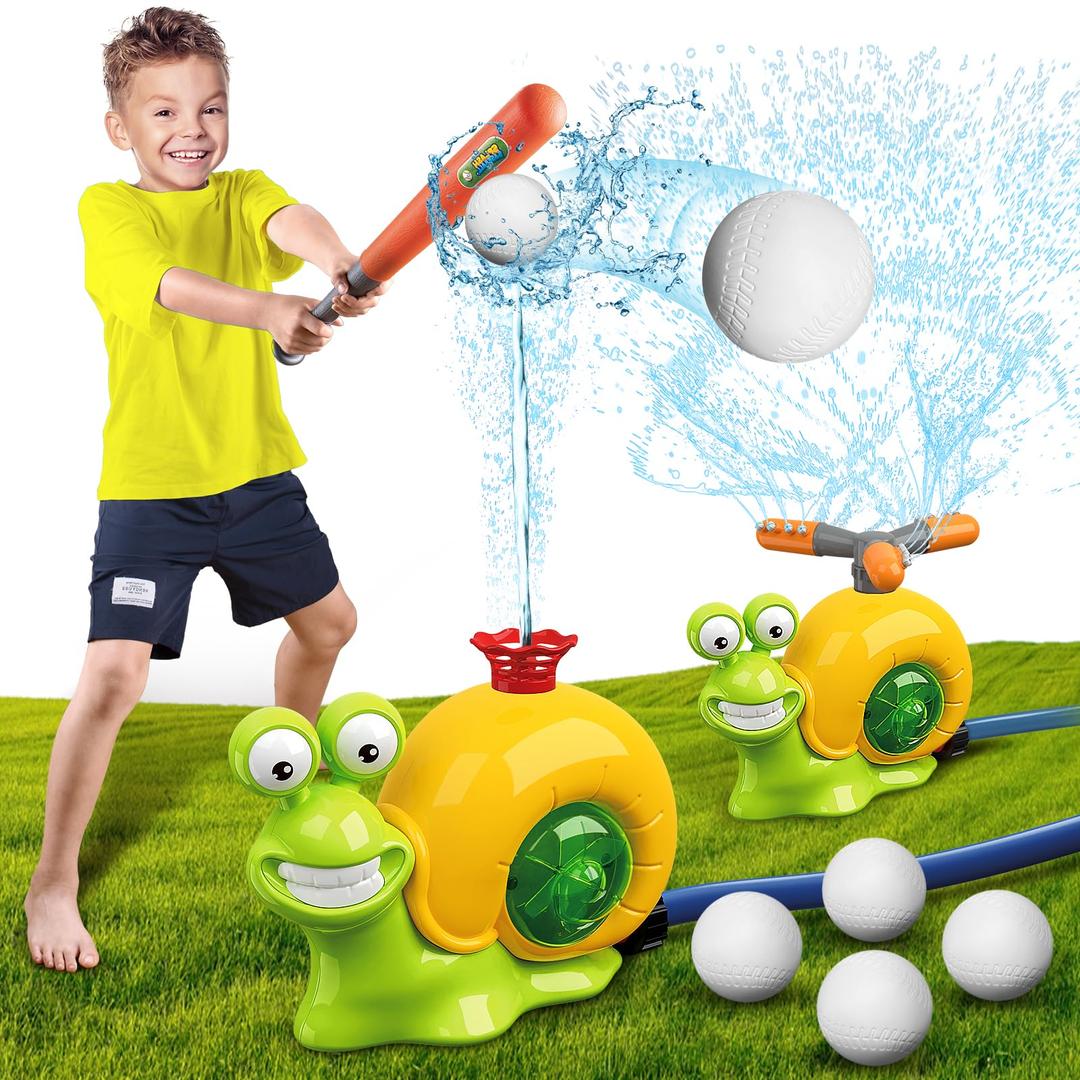 VATOSWater Sprinkler Baseball Toy for Kids Outdoor Play, 2 in 1 Snail Summer Water Game with 2 Sprinkler Heads, 360° Roating Spray Water Baseball for Boys Girls Summer Backyard Lawn Pool Party Fun