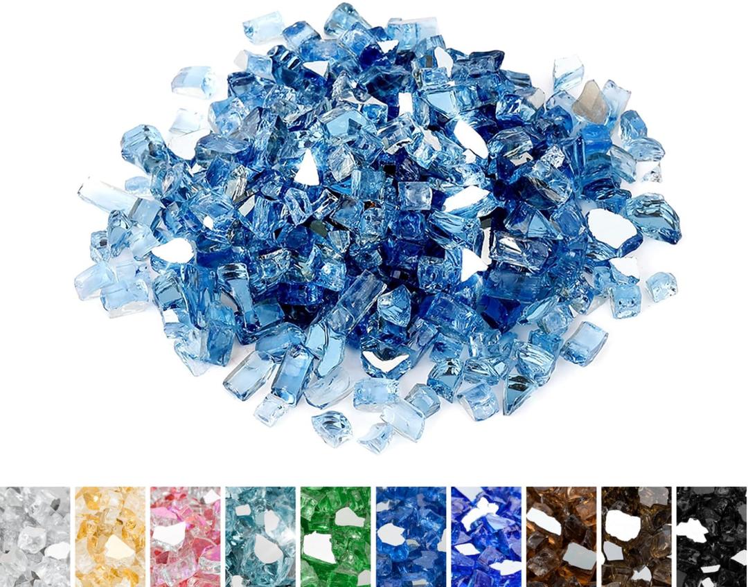 10 Pounds Fire Glass - 1/2 Inch High Luster Reflective Tempered Glass Rocks for Fireplace Fire Pit Table and Landscaping, Pacific Blue