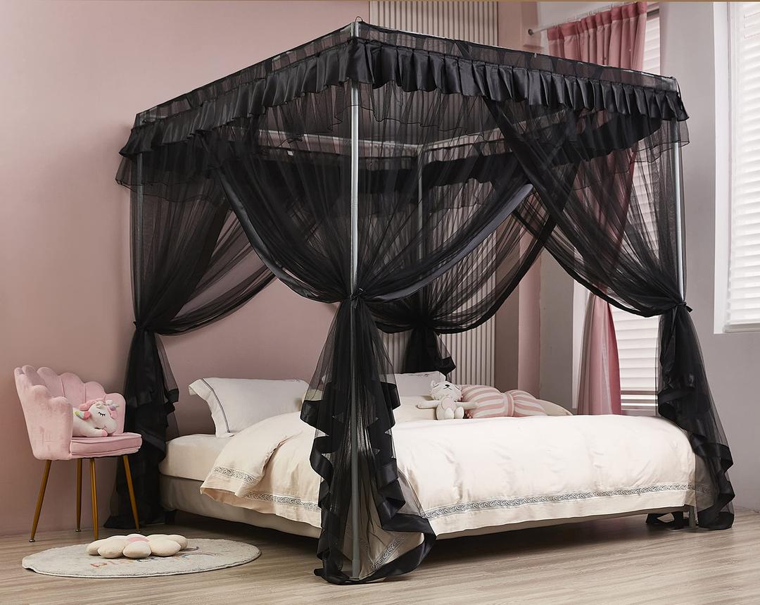 Mengersi 4 Corner Post Bed Canopy Bed Curtains Mosquito Net Bedroom Decoration Accessories (Twin, Black)