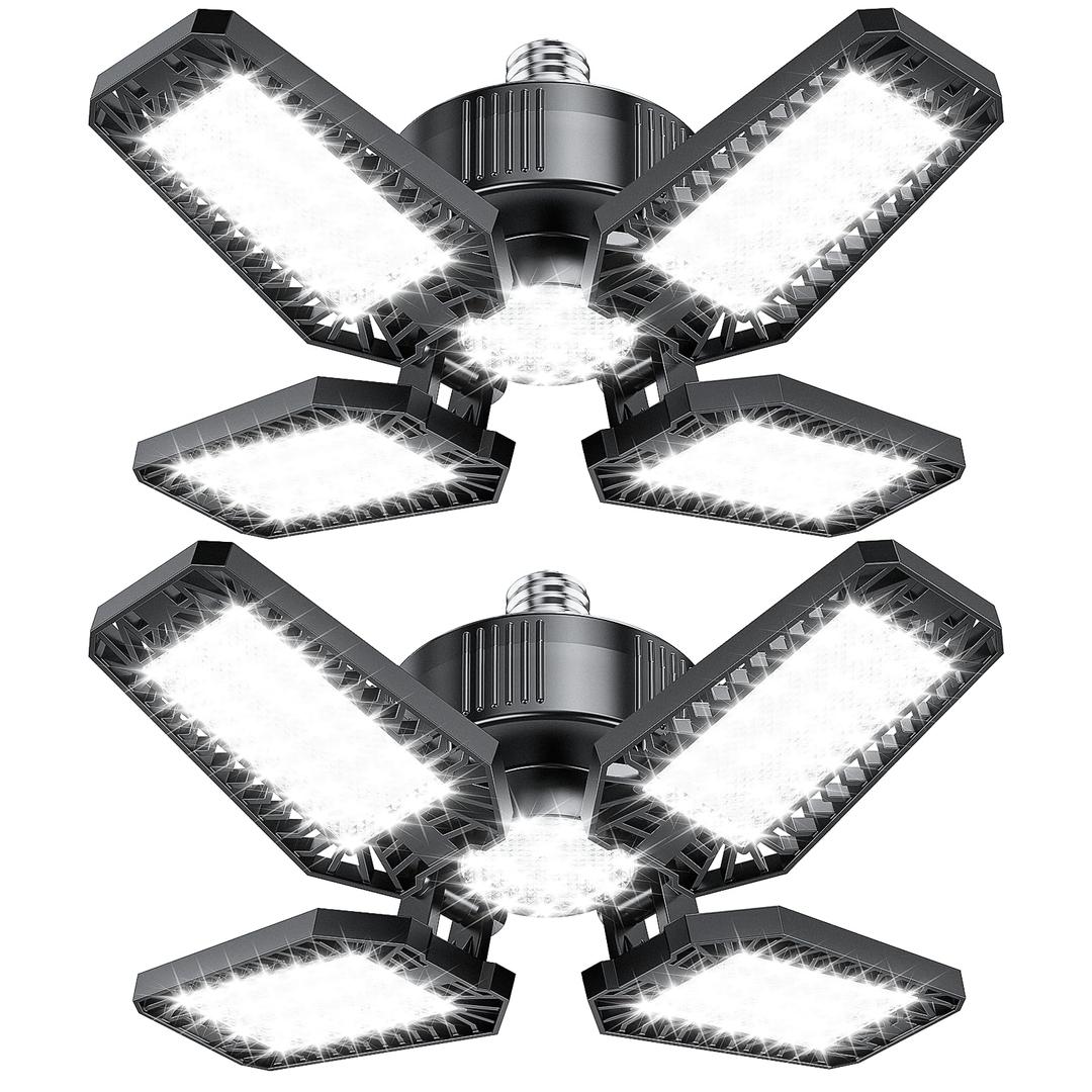 Garage Light 2 Pack 120W, 12000LM Garage Lights Ceiling LED with 4+1 Deformable Panels 6500K LED Garage Light, LED Shop Lights for Workshop, Garage, Basement Support E26/E27