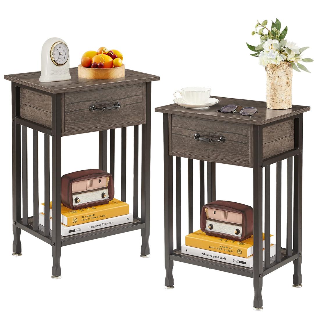 VECELO Nightstands Set of 2, Industrial Side/End Tables with Drawer and Storage Shelf, Night Stands for Bedroom, Living Room, Wood Metal Furniture, Easy Assembly, 2 Pack, Grey