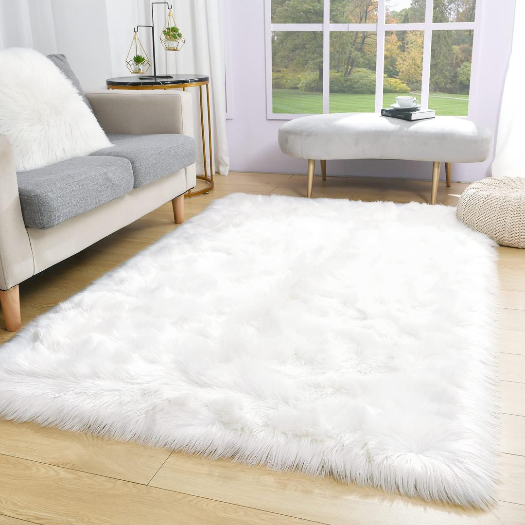 Noahas 3 x 5 White Faux Sheepskin Rug,Luxury Fluffy Faux Fur Rugs for Bedroom,Washable Area Rugs,Bedroom Rug,Furry Carpet Shag Rug,Soft Throw Rugs for Living Room Decor