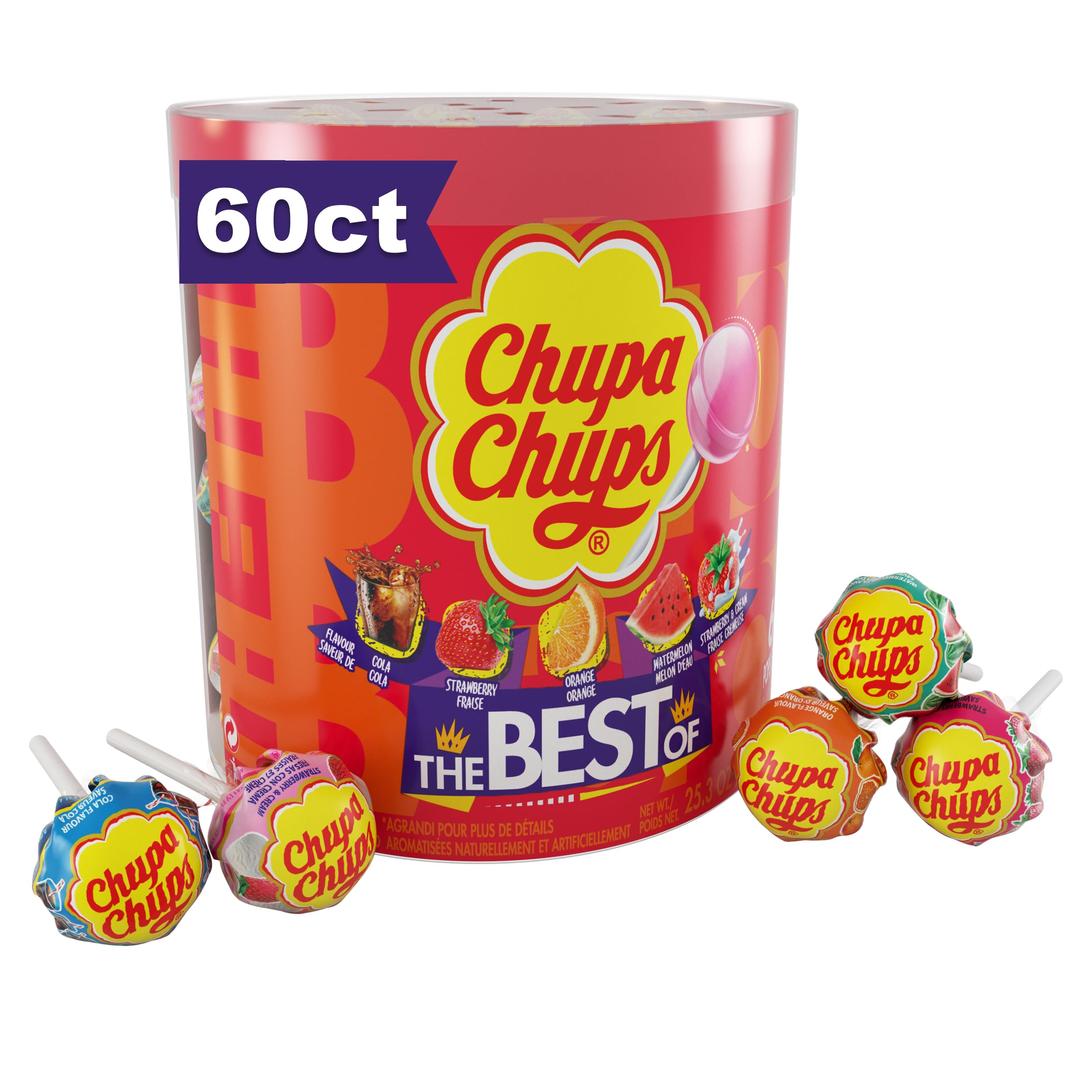 Chupa Chups‘Best Of’ Halloween Trick or Treat Candy Lollipop Variety Assortment, 5 Flavors, Individually Wrapped Bulk Candy for Adults & Kids, 25.3 oz Drum (60 Suckers)