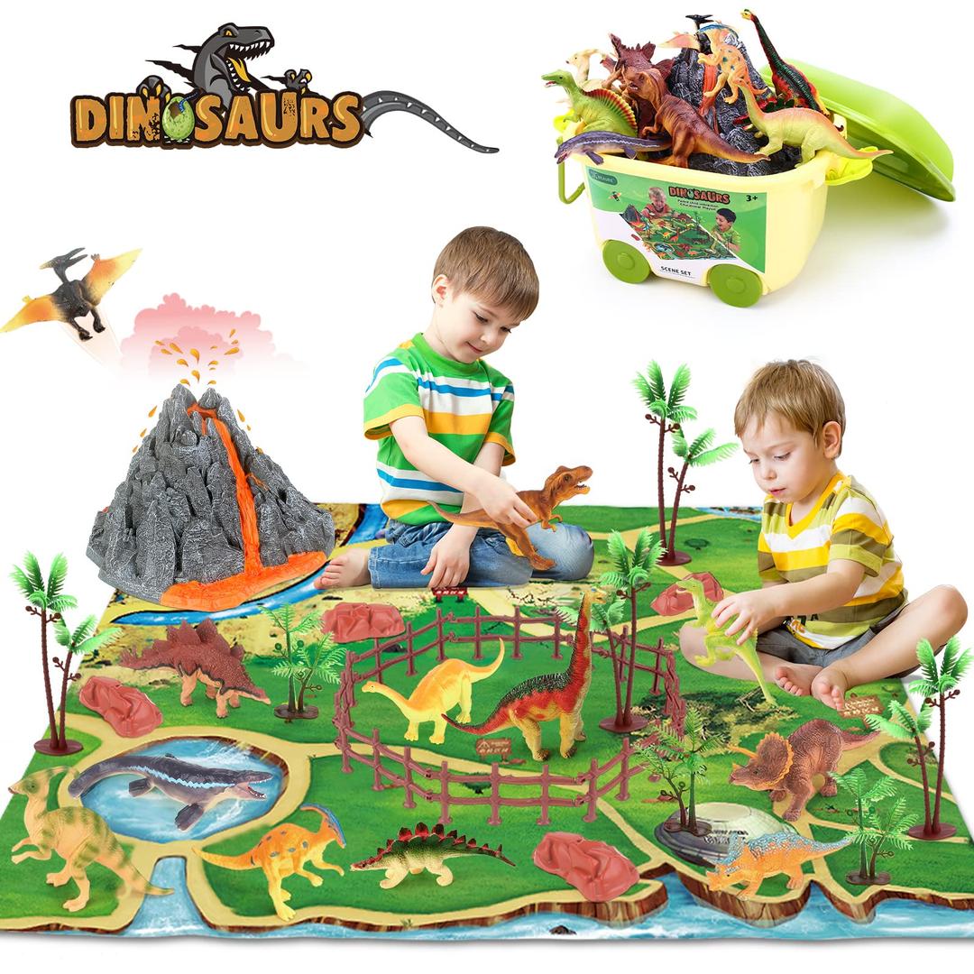 BEAURE Dinosaur Toys Figure Playset with Play Mat Volcano Educational Preschool Dinosaurs Action Figure Create a Dino World Including T-Rex,Triceratops,Toy Activity Gifts for Kids Boys Girls Toddler