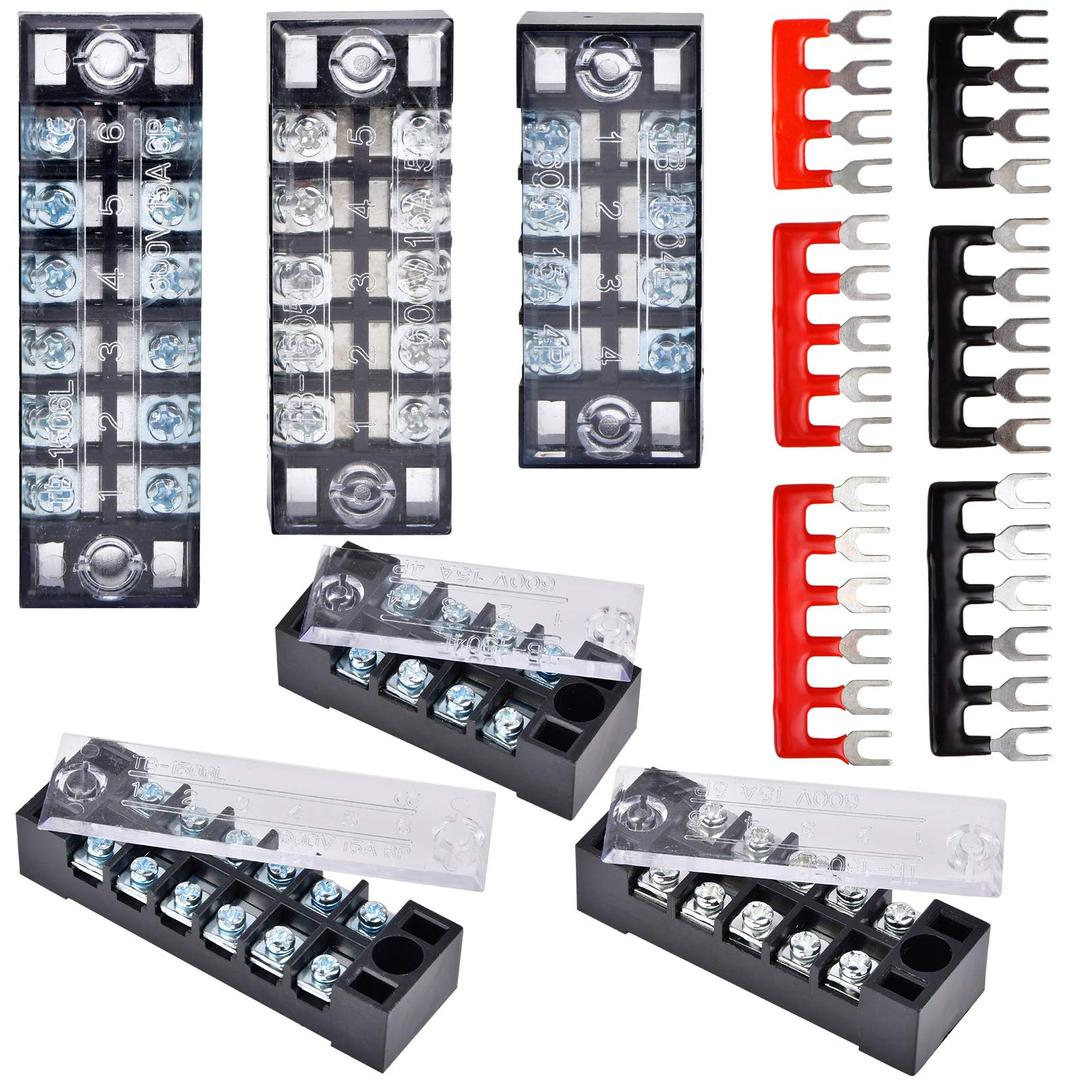 Terminal Blocks Ground Circuit Kit with Cover 12 PCS/6 Set 4+5+6 Position 600V 15A Dual Screw Bus Bar Wire Positive Pre Insulated Jumper Fuse Strip Lug for DIY Industrial Electrical Cabinet Meter Box