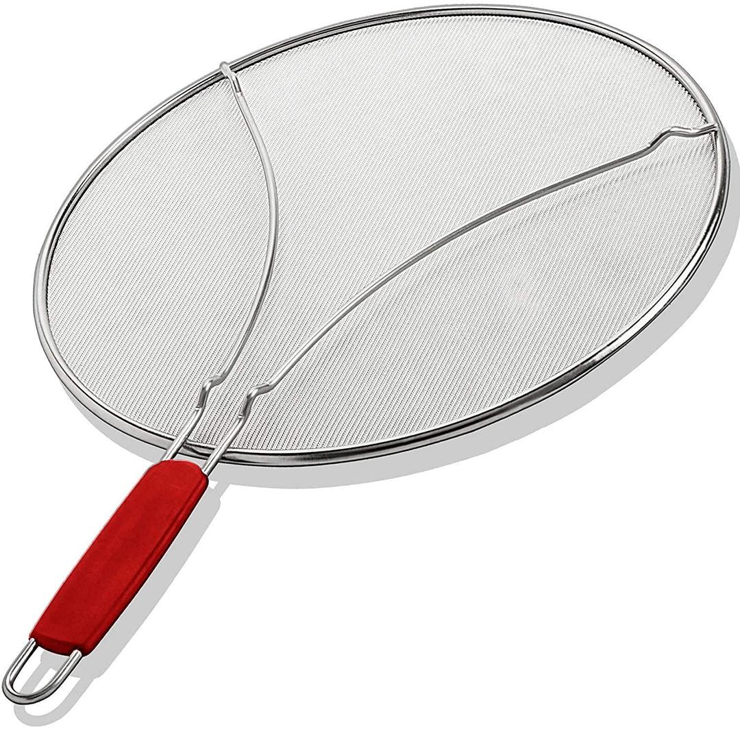 ALPHA LIVING Splatter Guard for Frying Pan & Food Strainer and Universal Cookware 13" - Stops Hot Oil Splash - RED Handle - Splatter Screen for Cooking