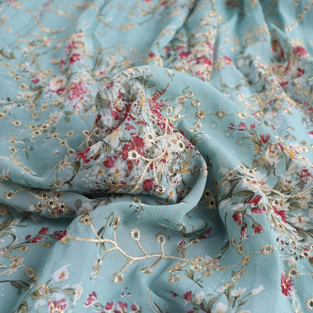 Embroidered Eyelets Chiffon Fabric Drape Floral Printing for Dresses Making 60 inch Wide (Grayish Green, Pre-Cut 1 Yard)