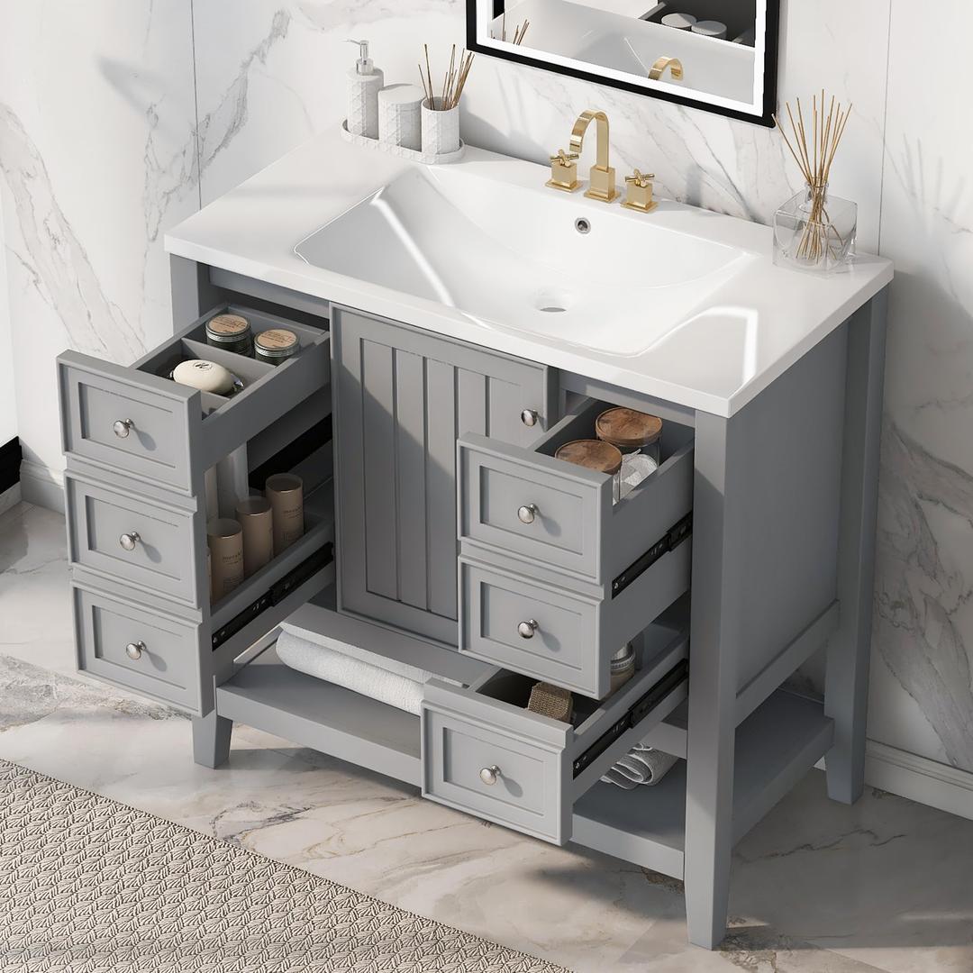 Harper & Bright Designs 36" Bathroom Vanity with Sink, Free Standing Single Basin Vanity Set with One Cabinet and Three Drawers, Wooden Bathroom Cabinet with Ceramic Sink for Bathroom, Grey