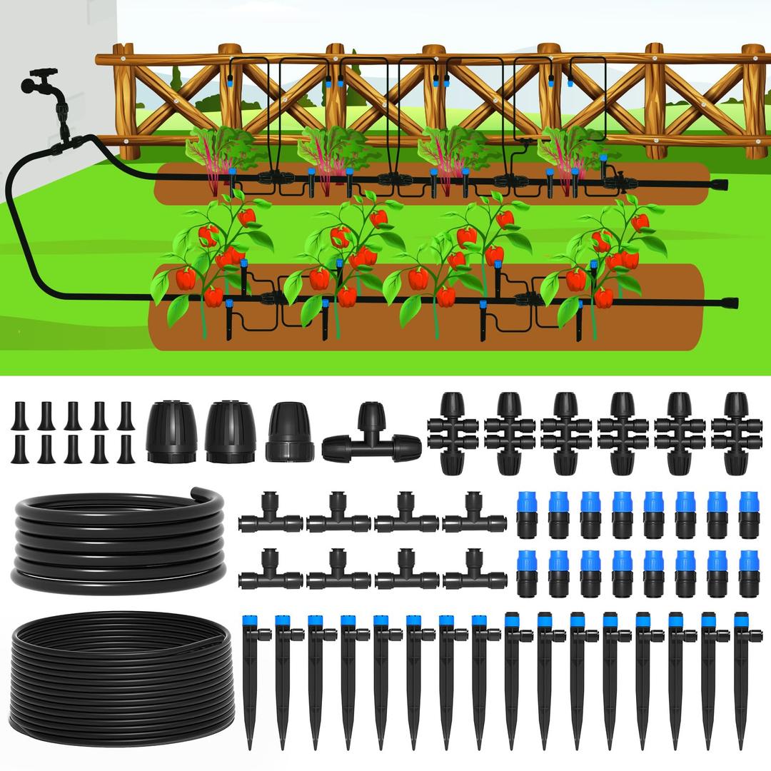 MIXC 230FT Drip Irrigation System,Quick Connector Garden Watering System Automatic Sprinkler System Kit for Lawn Raised Bed Greenhouse Plant Watering System with 1/4'' Tubing,Drip Emitters,Connectors