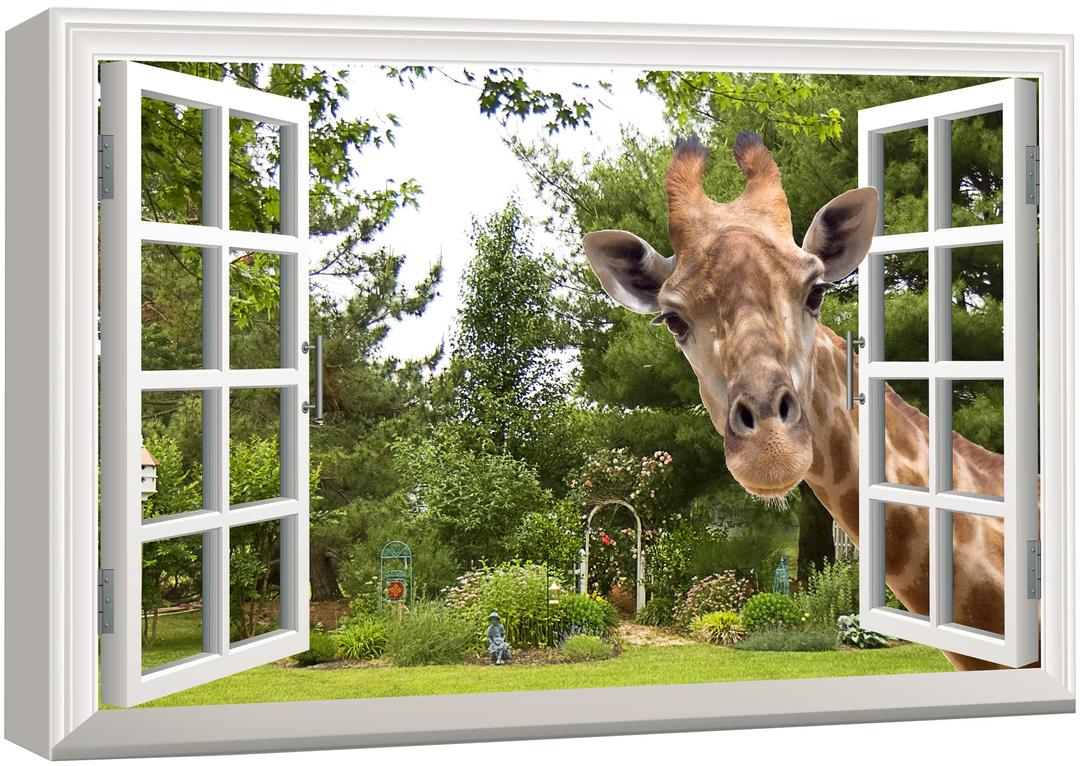 wall26 Canvas Print Wall Art Window View 3D Giraffe Illusion in Forest Nature Wilderness Photography Modern Art Rustic Scenic Colorful Ultra for Living Room, Bedroom, Office - 24"x36"