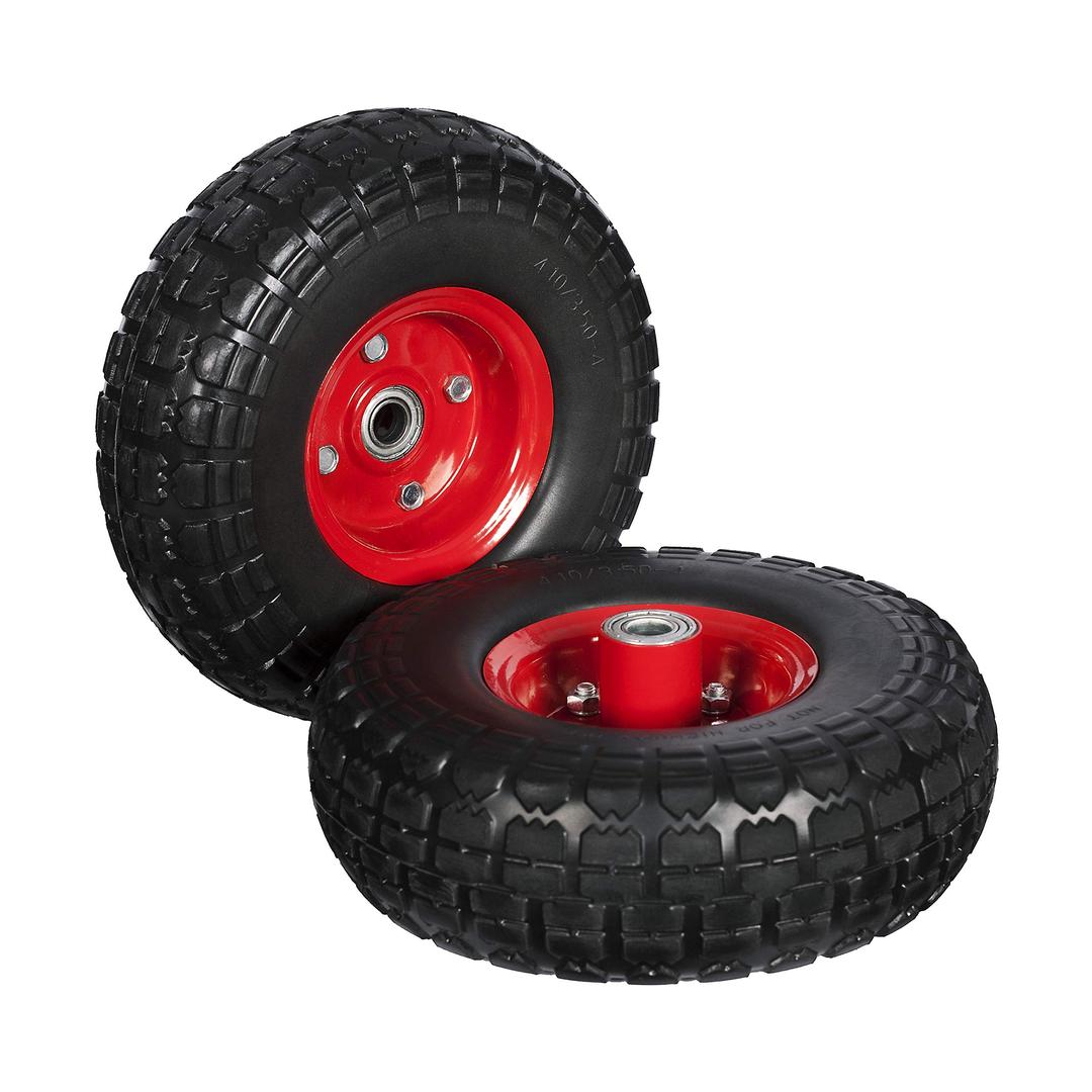 Heavy Duty Flat Free 10" Tire Wheels, Extra Wide Tires for Wagon, Dolly, Hand Truck, and Cart – Pack of Two (Red)