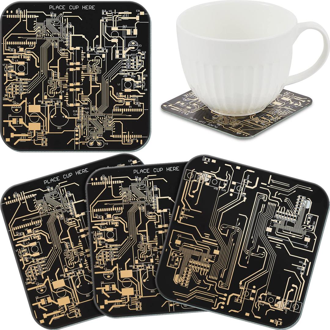 Nuenen 4 Pcs Circuit Board Coasters PCB Coasters Immersion Gold Circuit Board Coasters for Drinks PCB Design Coasters for Men Funny Drink Coasters for Party Bar Office Geek Men Nerd Engineer (Black)