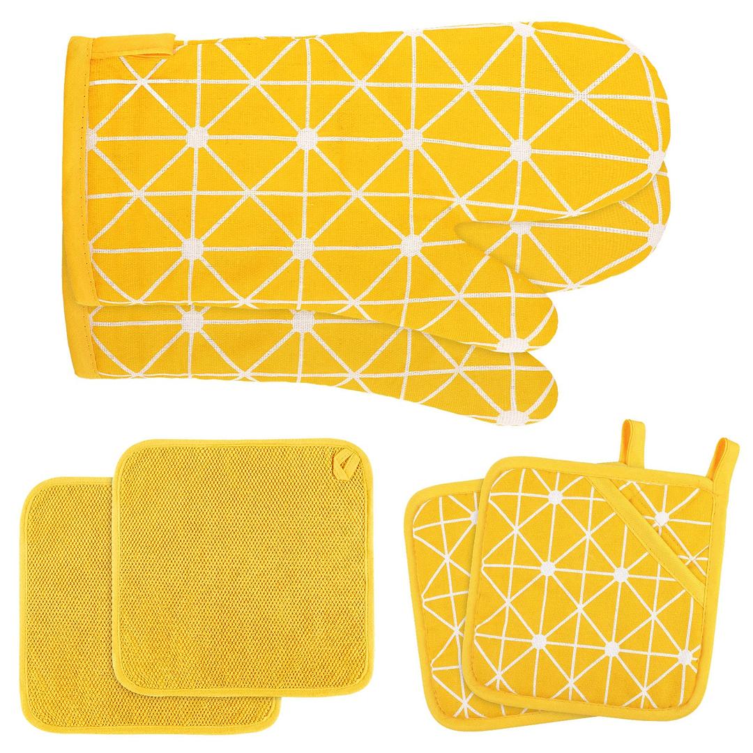 RUODON Oven Mitts and Potholders Gloves-Oven Mitts Plaid Potholders Non Slip Cooking Gloves Dish Towels for Cooking Baking or Grilling, Yellow