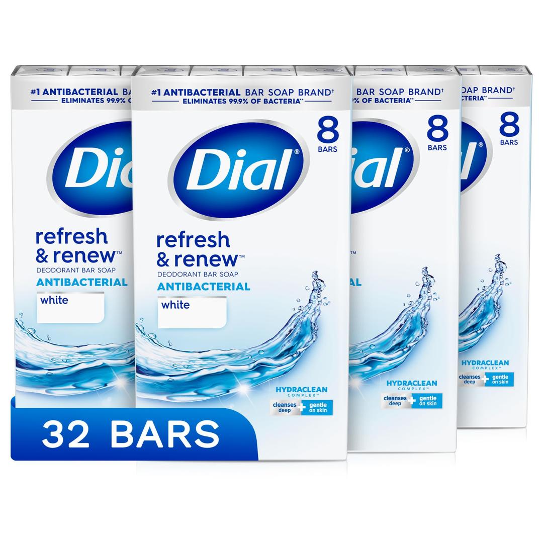 Dial Antibacterial Bar Soap, Refresh & Renew, White, 4 oz, 32 Bars