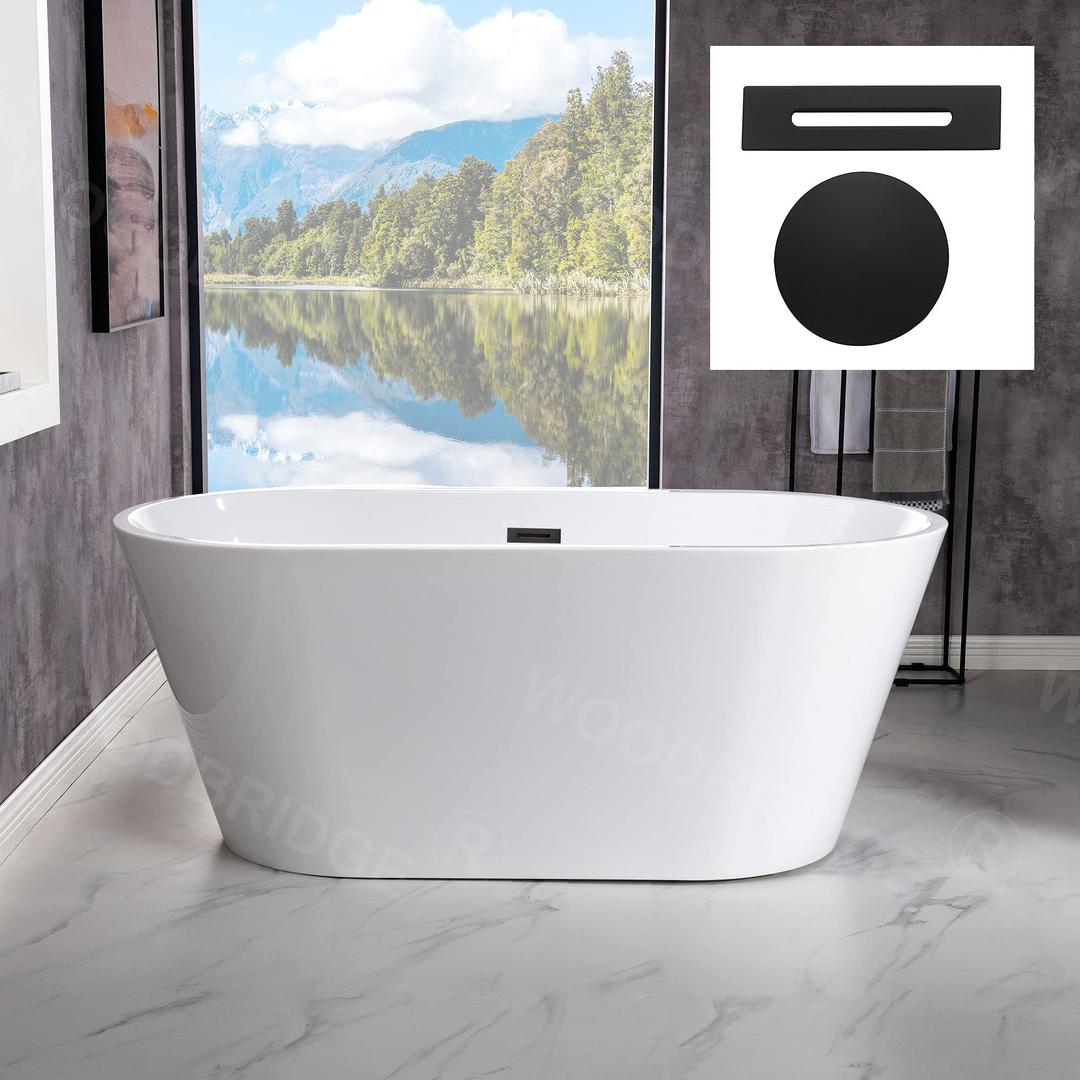 WOODBRIDGE 54" Acrylic Freestanding Bathtub Contemporary Soaking White Tub with Matte Black Overflow and Drain,B1702-MB