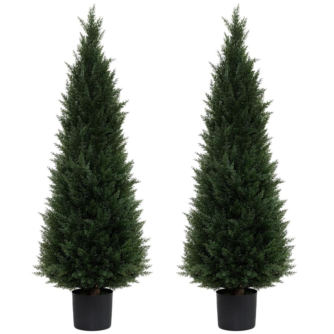 4 Feet Artificial Topiary Trees 2-Set - UV Protection Potted Shrubs for Front Door, 6" Wide Heavy Duty Pots Faux Cedar Pines for Outdoor & Indoor Decor