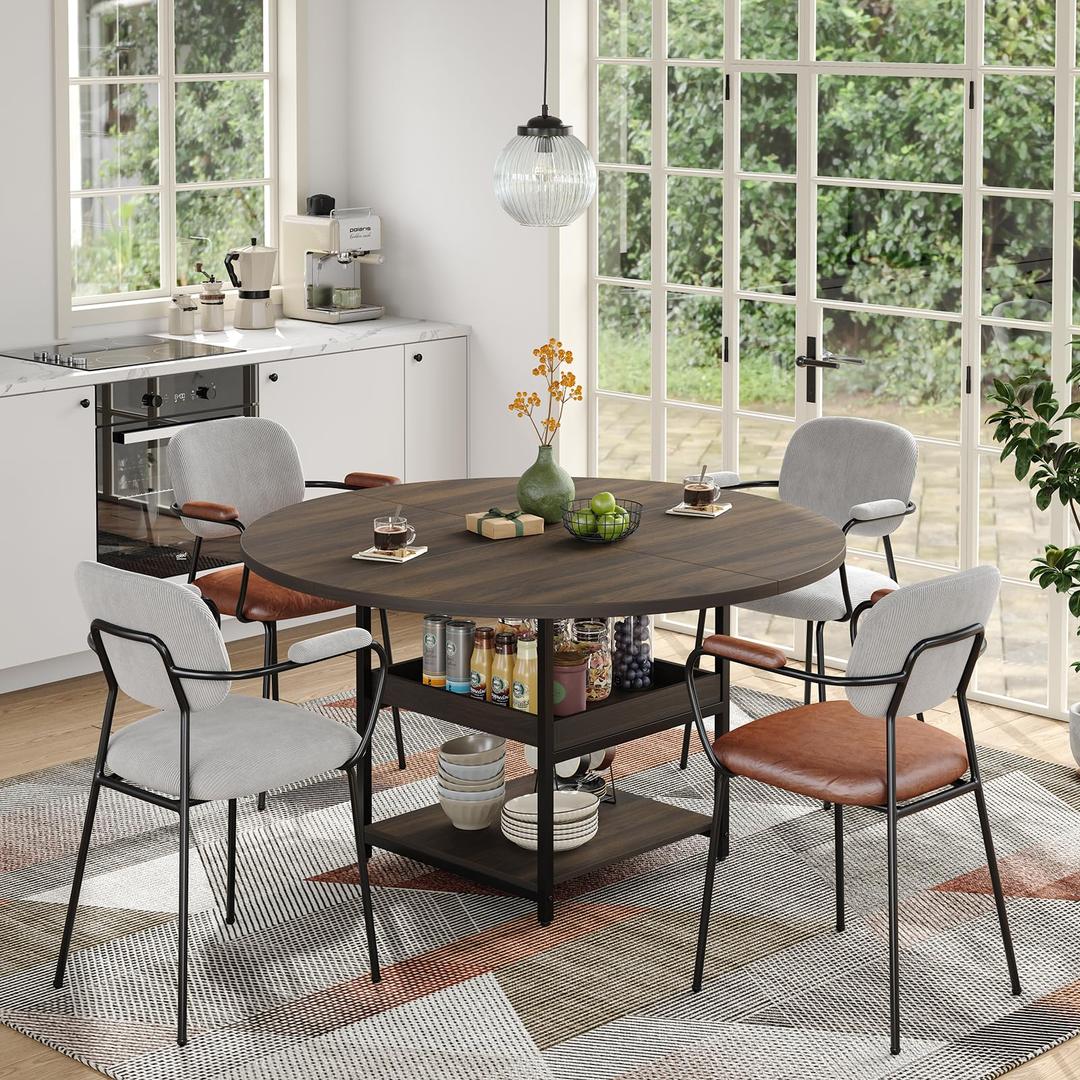 Furniouse 46.5" Round Dining Table for 4, Circle Kitchen Table with Heavy Duty Storage Shelf, Dinner Table for Dining Room Living Room, Rustic Brown