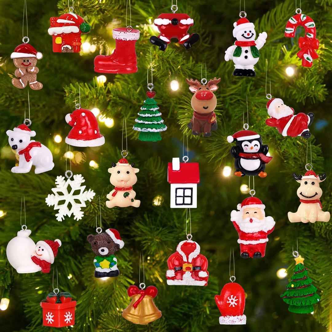 YUJUN 24pcs Mini Christmas Ornaments Resin Set for Christmas Tree Decoration,Christmas Small 3D Resin Miniature Figurines for Christmas Hanging Ornaments Decoration