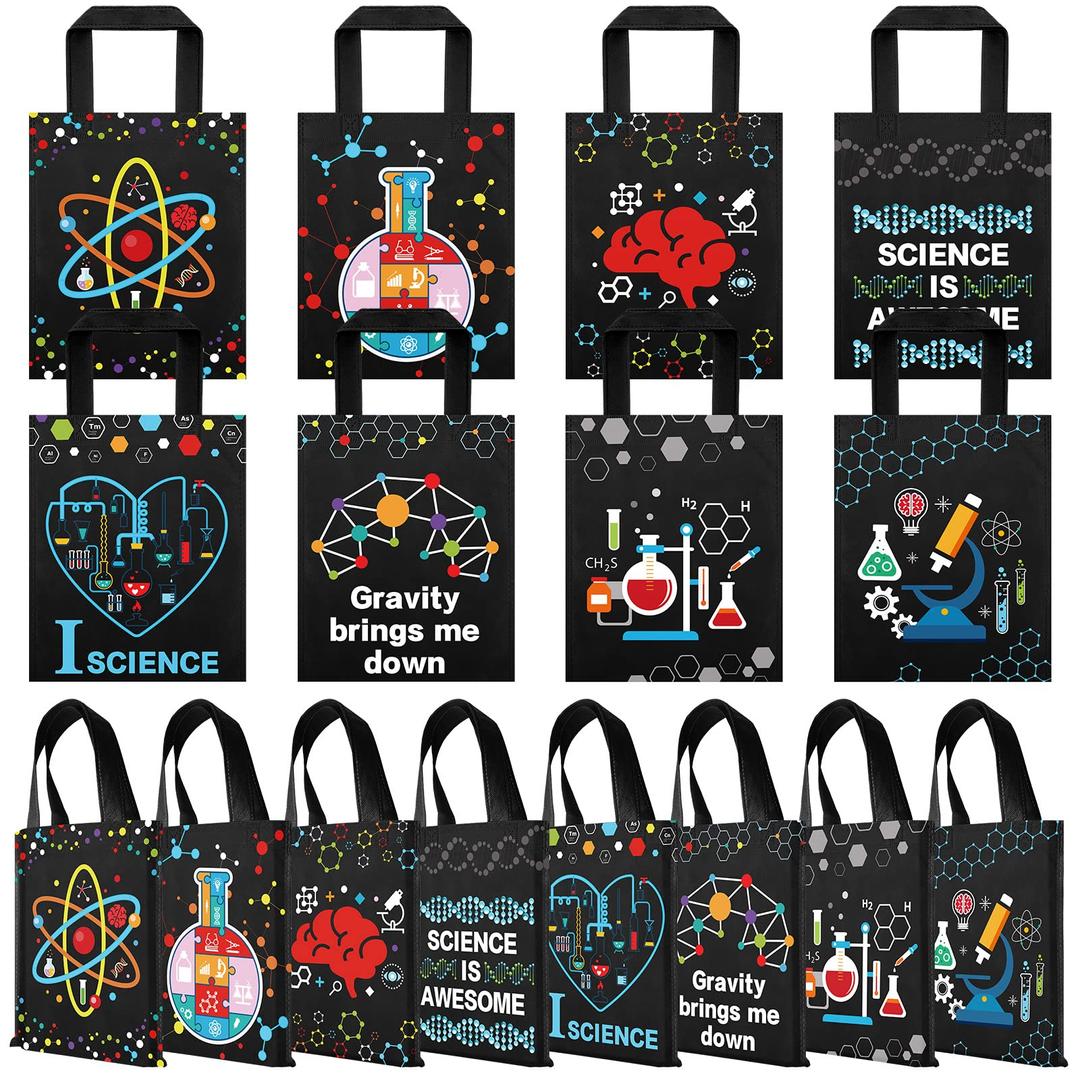 Ferraycle24 Pcs Science Party Favor Bags Science Gift Bags Science Treat Bag Non Woven Birthday Party Decorations Science Themed Party Favor Bags with Handles for Kids Students Party Supplies